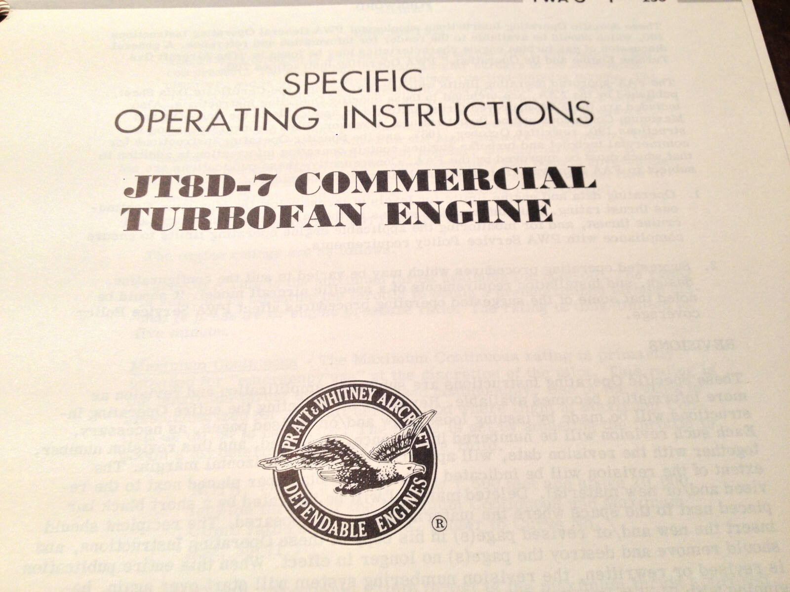Pratt & Whitney JT8D-7 Turbofan Specific Operation Instructions Manual