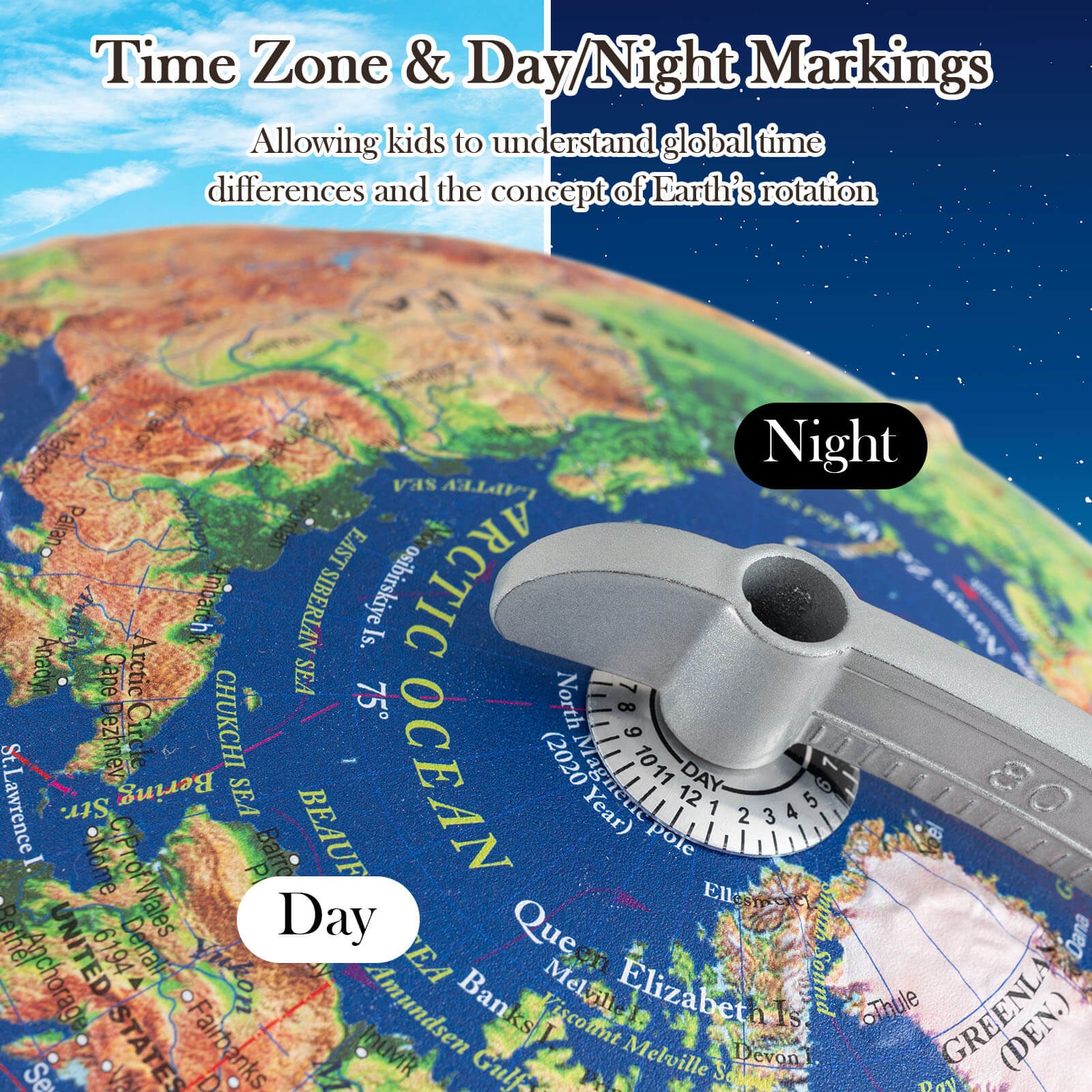 12" Illuminated World Globe w/Raised Relief LED Lights & Time Zone Non-Slip Base