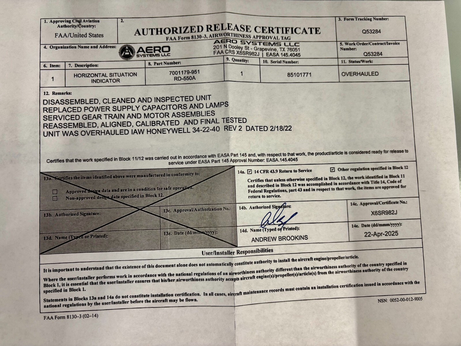 HSI RD550A 7001179-951 w/ April 2025 Overhauled 8130