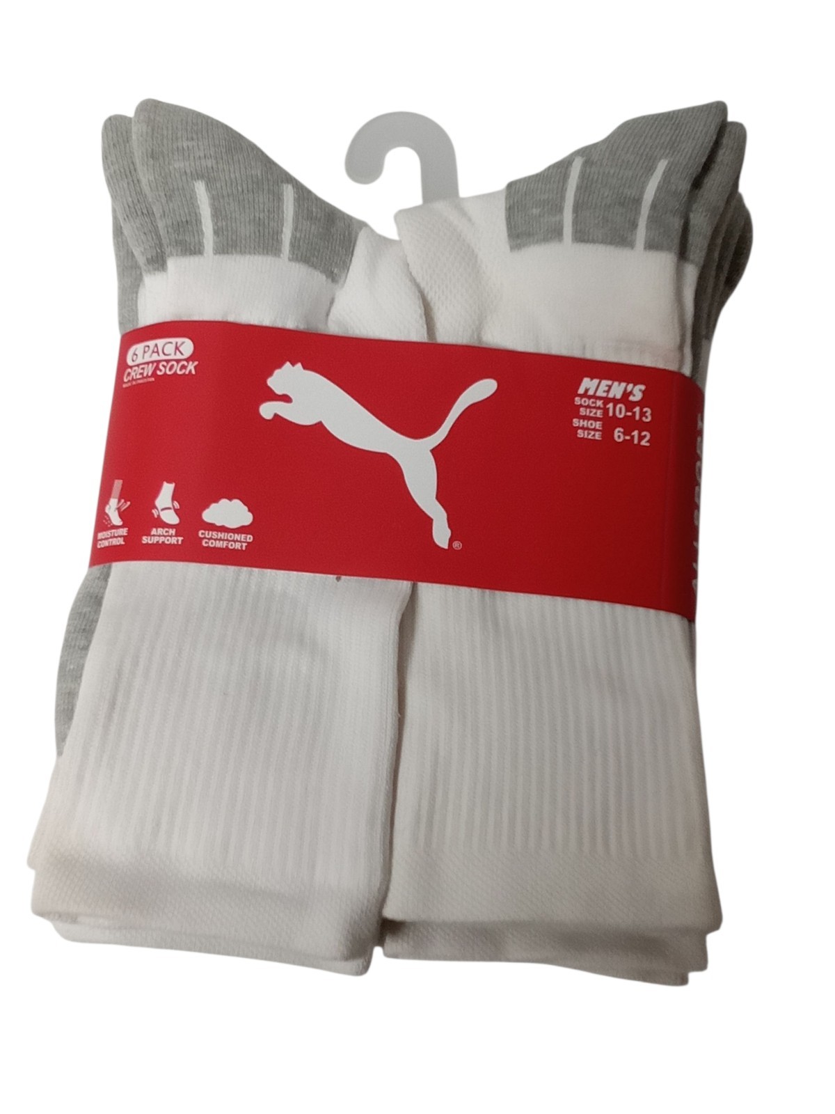 Puma Men's All Sport White Crew Sock 6 Pack (6-12) Shoe Size
