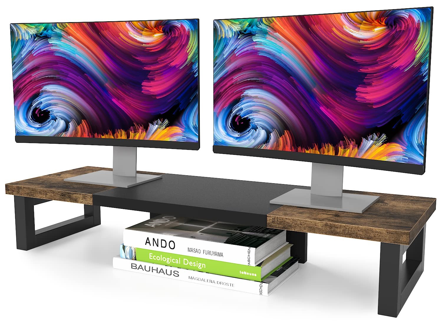 WESTREE Dual Monitor Stand Riser, Sturdy Wood & Steel Computer Monitor Stand, Mo