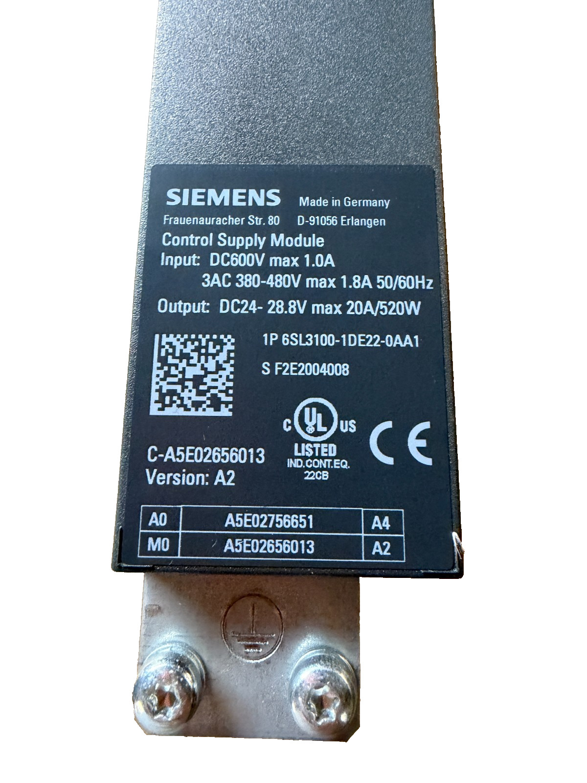Siemens 6SL3100-1DE22-0AA1 Control Supply Module