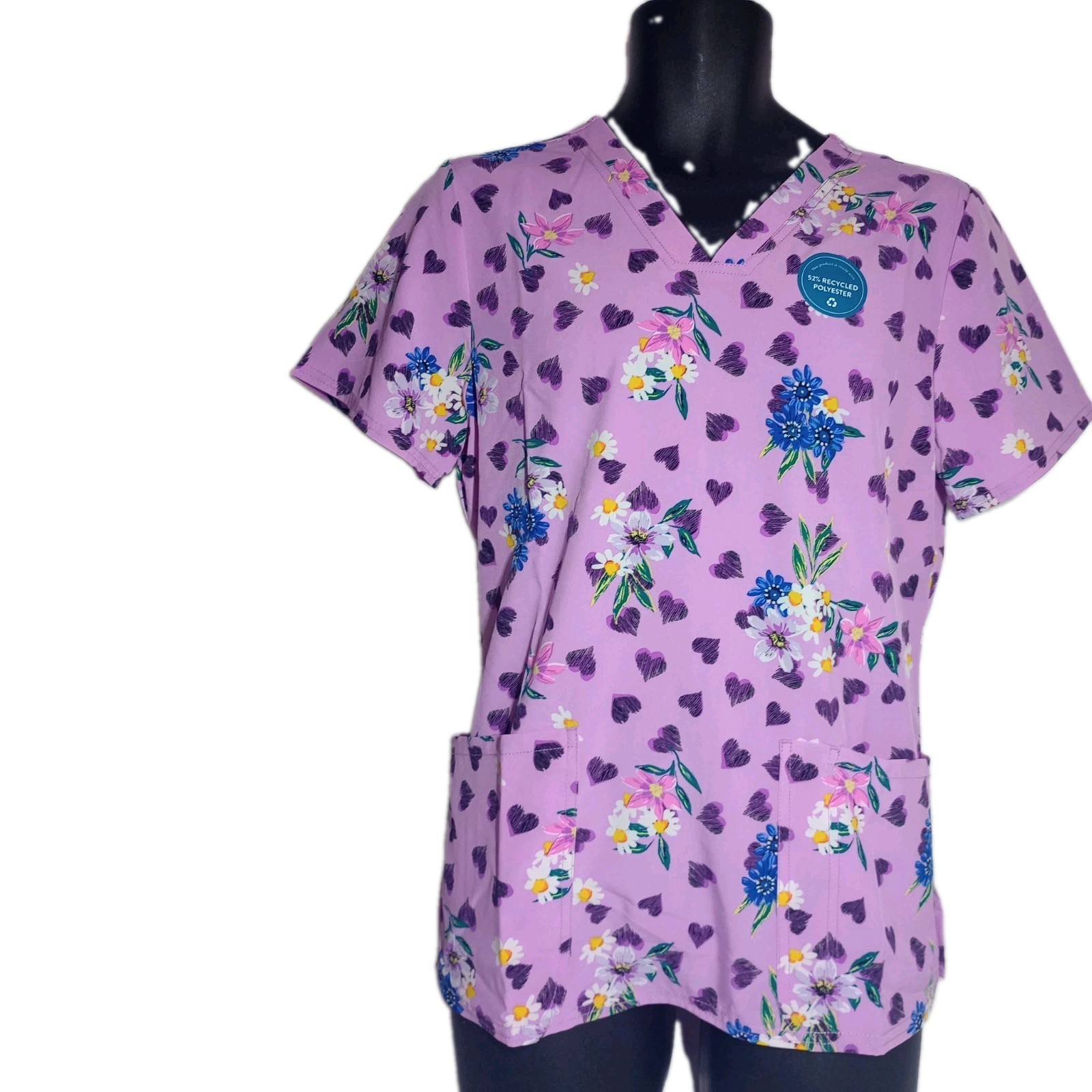 Cherokee Scrub Top Lavender Floral Polyester VNeck 2 Pckt CK671 LGPT MEDIUM NEW