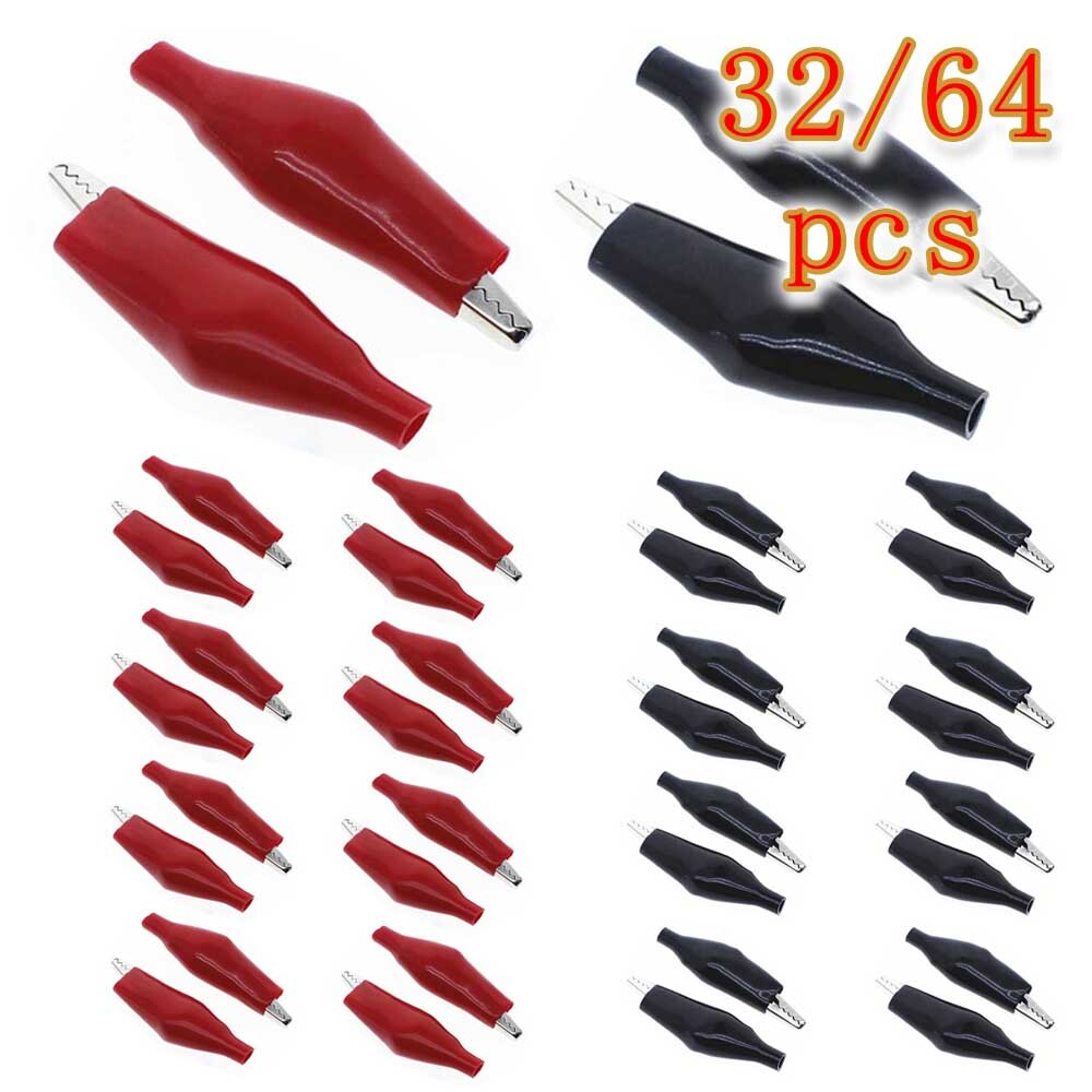 32/64x Crocodile Alligator Testing Clip Clamp Connector Insulated Red&Black 45mm