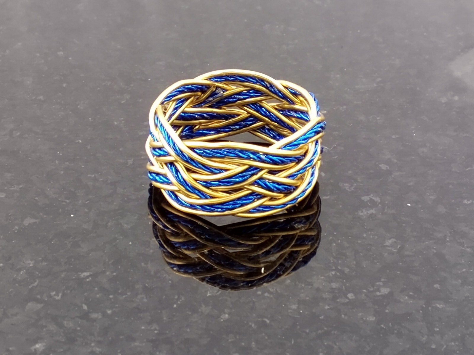Size 5.5 Brass / Royal Blue Artistic Twist Wire Turks Head Knot Ring Hand Tied