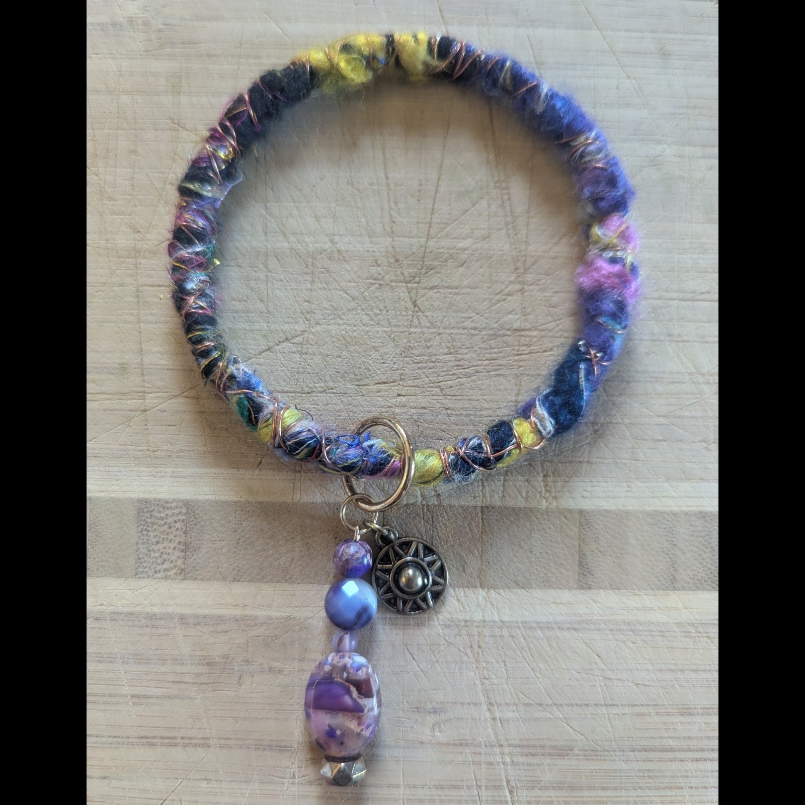 Handcrafted Bracelet With India Fabric + Wire Charms Beautiful Upcycled Jewelry