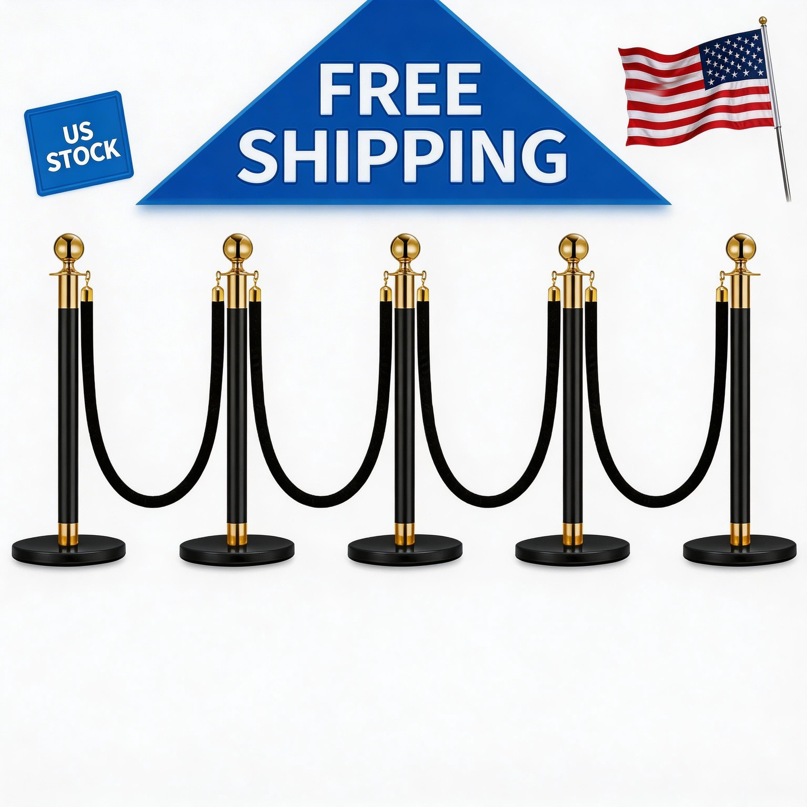 Steel Stanchion Posts Set – 5PCS with 4 Black 5ft Soft Rope Stainless Heavy-Duty