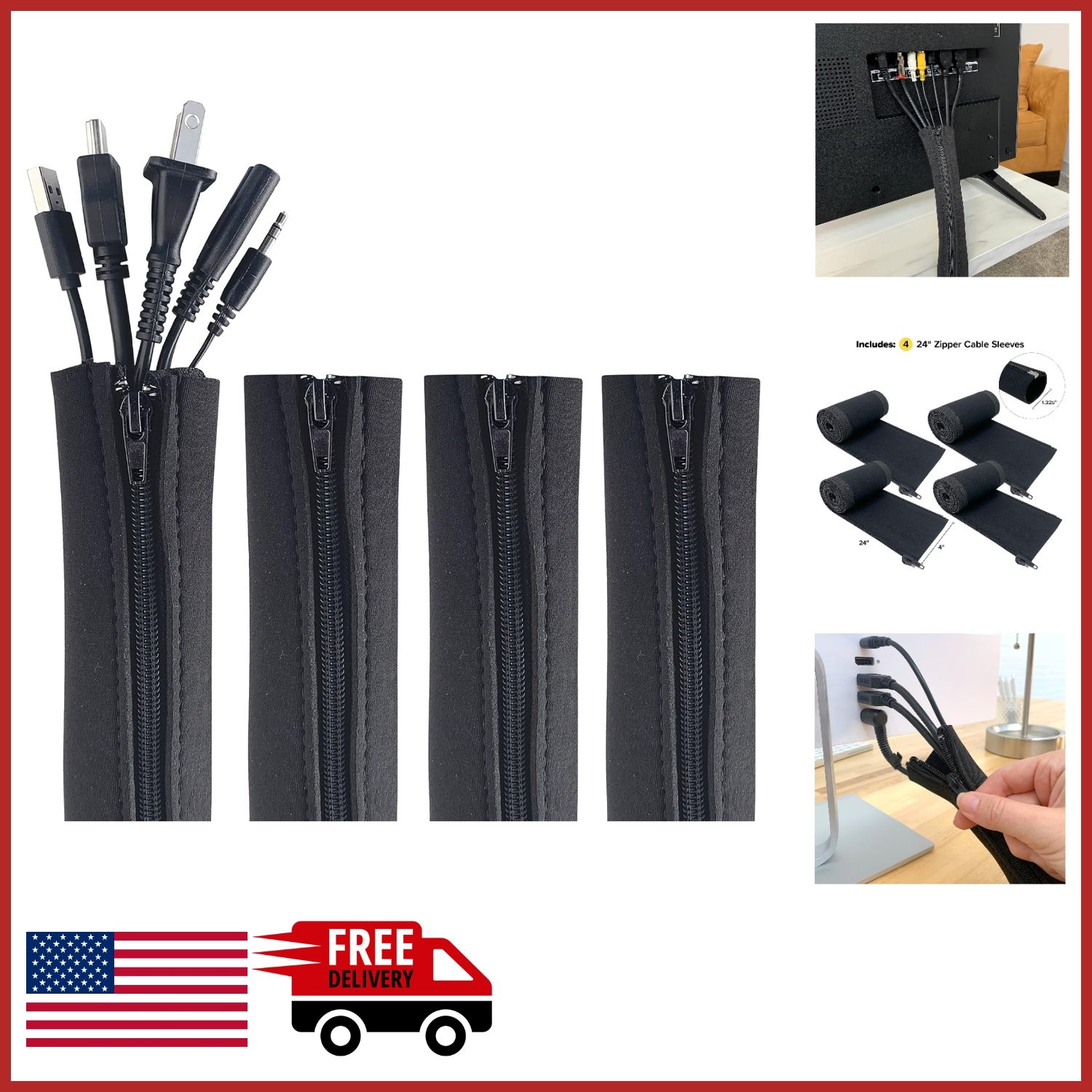 Cord Organizer Zipper Sleeve 24" x 4" Black 4-Pack for Home Office
