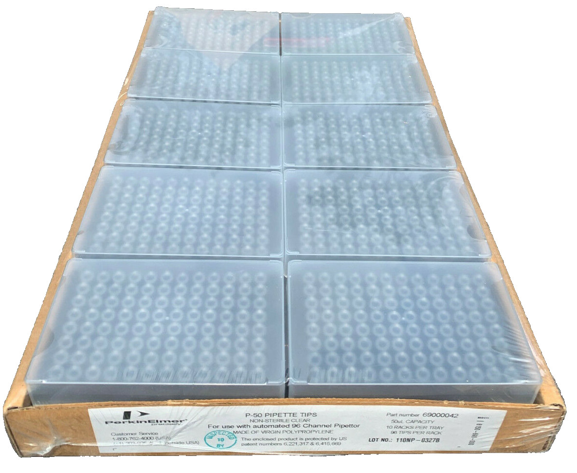 Perkin Elmer 69000042  P-50 Pipette Tips - 10 racks of 96 tips - 960 total