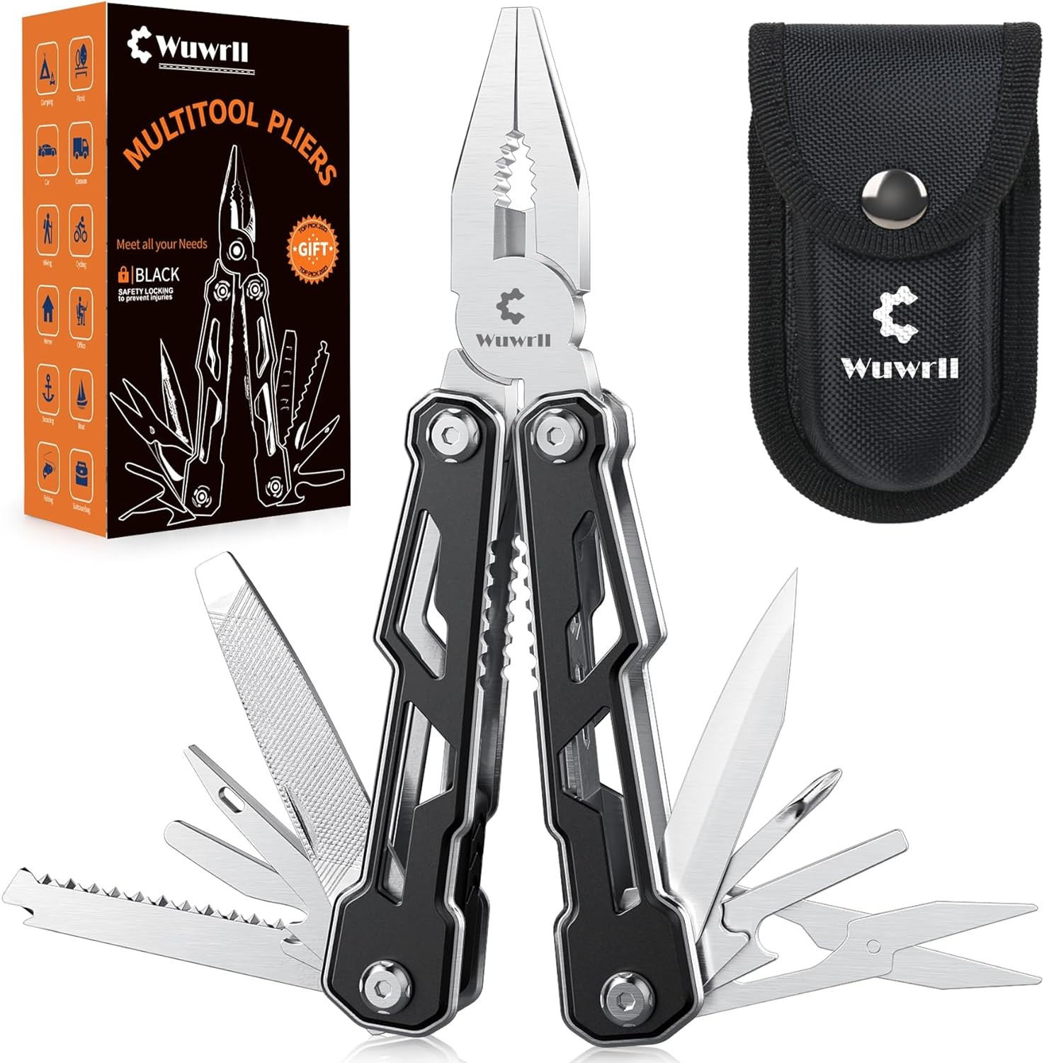 Multitool with Safety Locking,16-in-1 Multi Tool Stainless Steel Pocket Black
