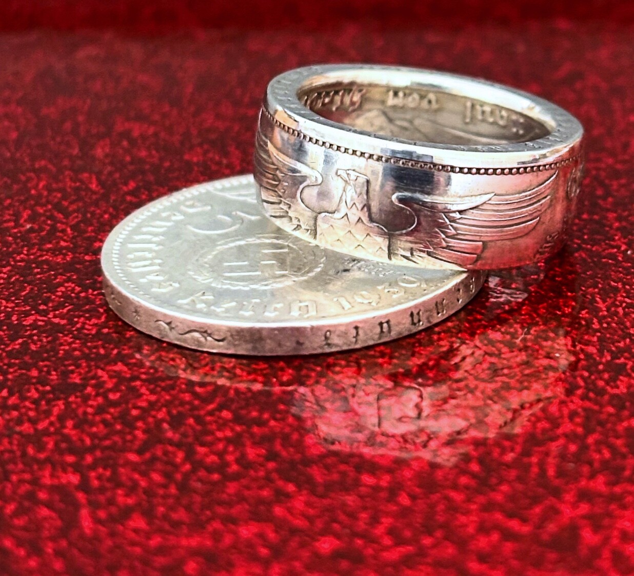 Silver Ring Crafted from an Original  1936 / 39 Third Reich - 5 Reichsmark Coin