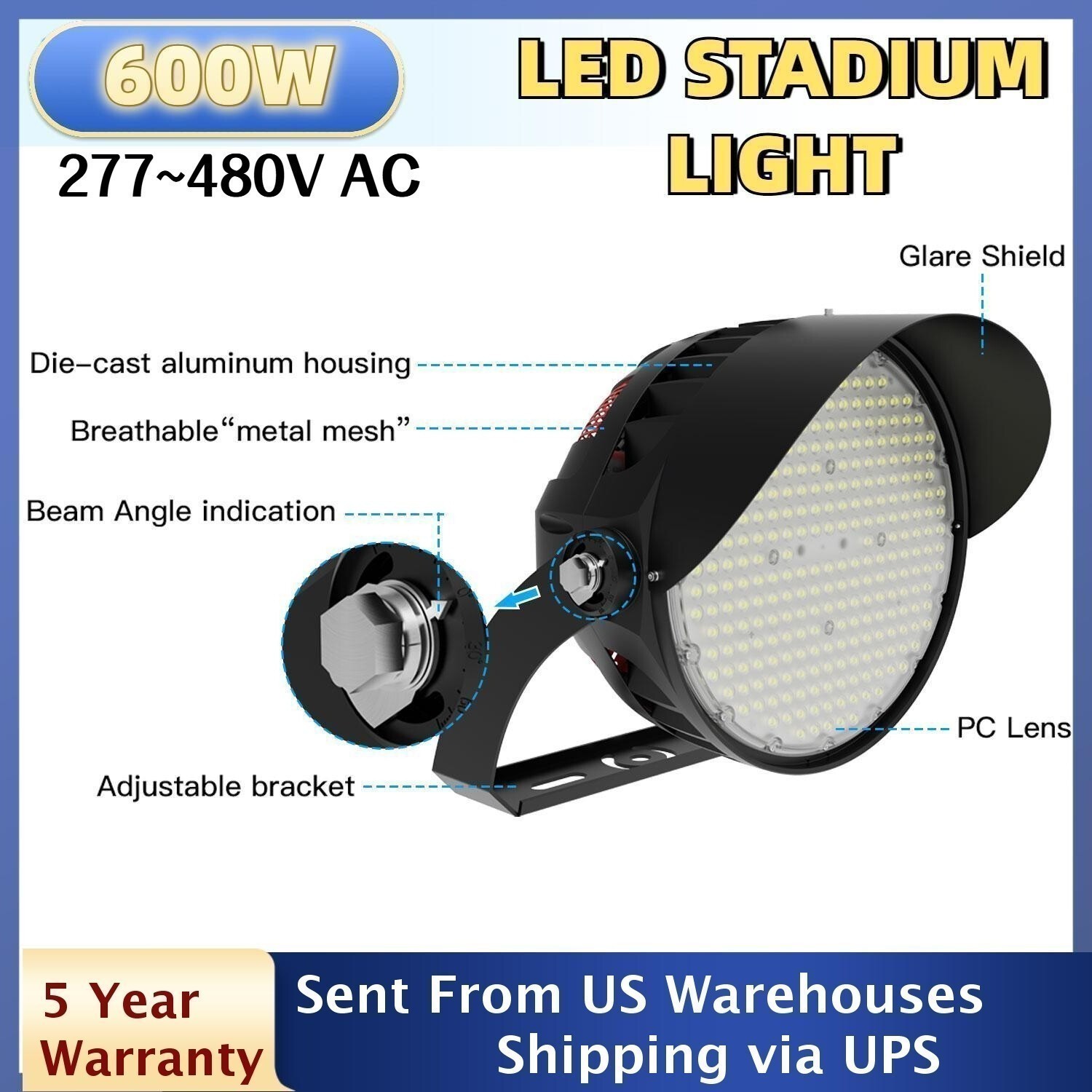 600W 480V LED Stadium Flood Lights Outdoor Sport Count Lighting 5000K 60° Angle