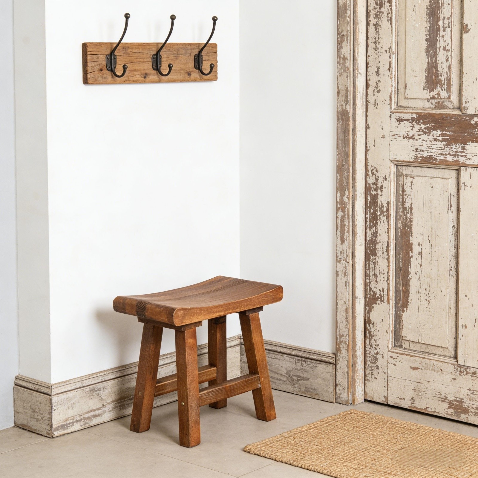 Rustic Old Pine Wooden Stool Bench Side Table Farmhouse Bedside Table 18.5" H