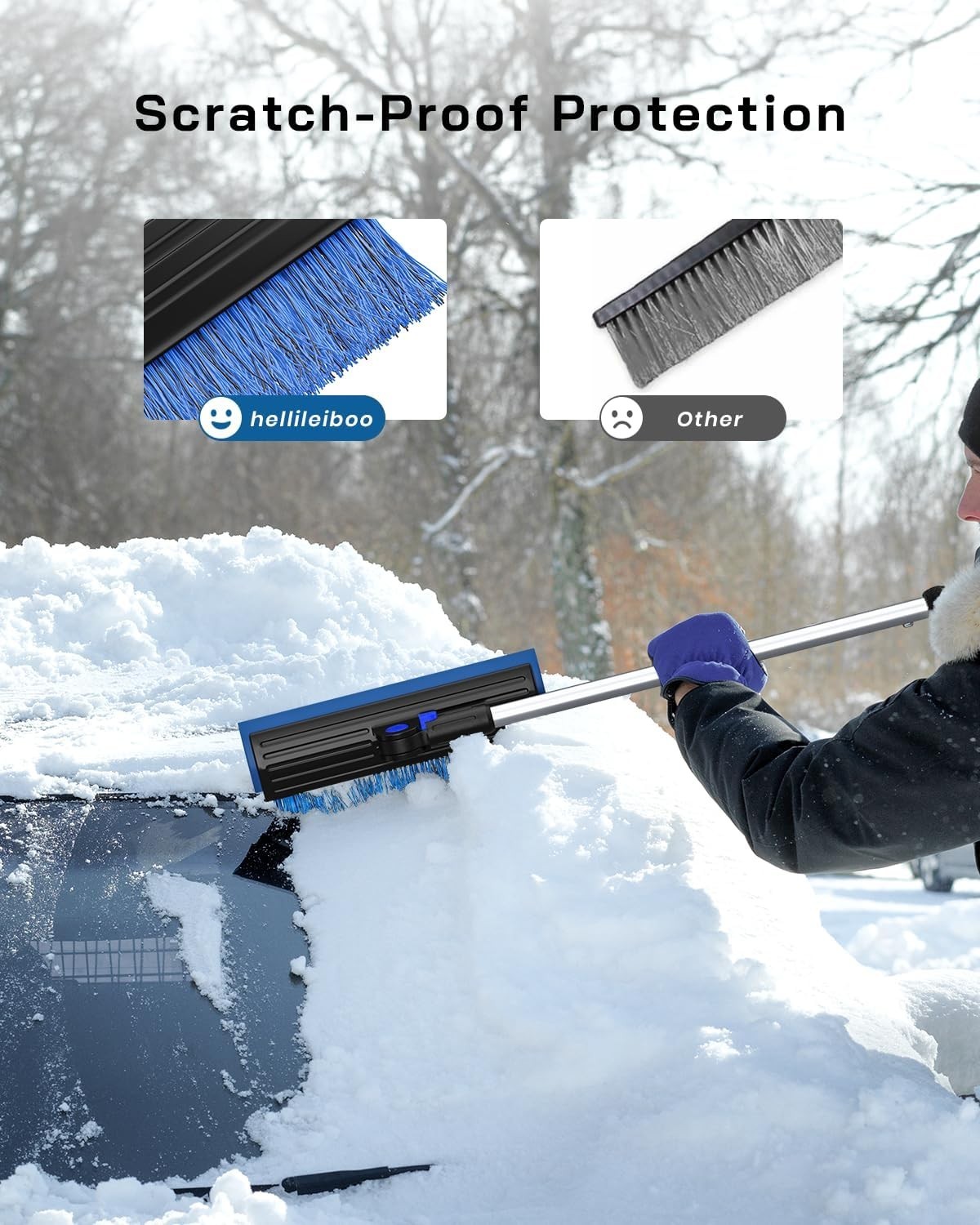 Extra Long Detachable Ice Scraper with Anti-Scratch Brush for Windshields