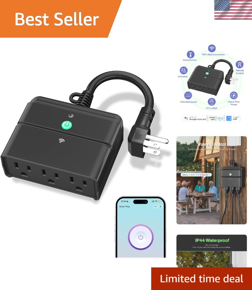 Smart Outdoor Wi-Fi Plug with 3 Grounded Outlets &  Weatherproof Design