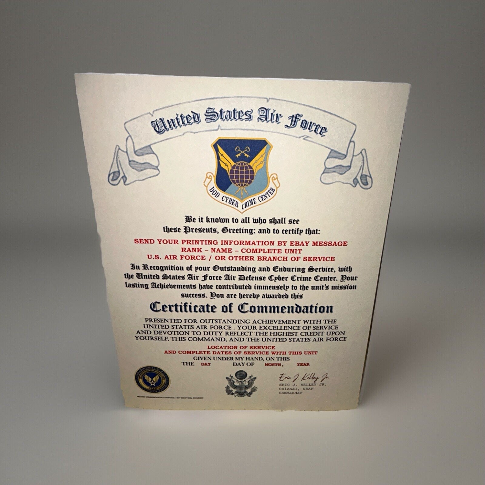 U.S.A.F. / AIR DEFENSE CYBER CRIME CENTER - CERTIFICATE OF COMMENDATION