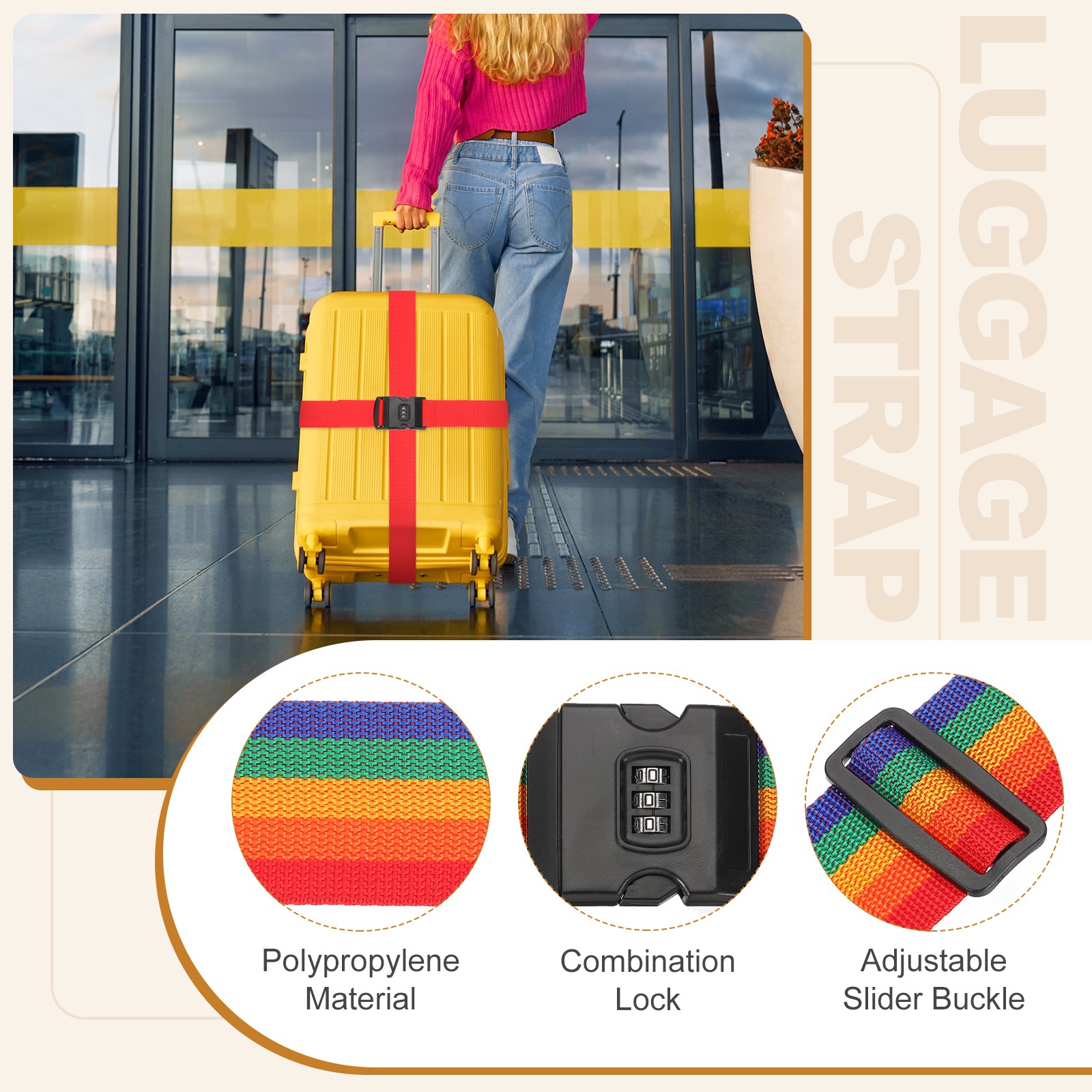 4pcs Luggage Straps with Combination Lock Adjustable Suitcase Belt, Rainbow