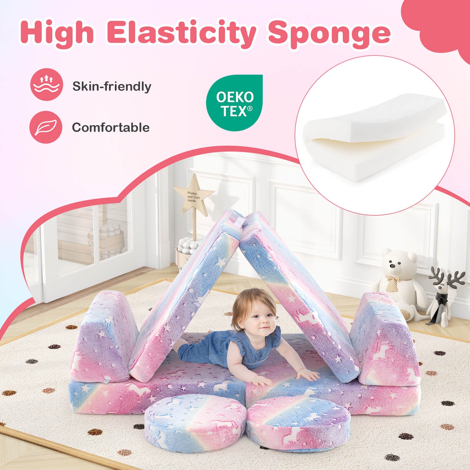 Glow in the Dark Modular Kids Play Couch Set w/ Machine-washable Flannel Covers