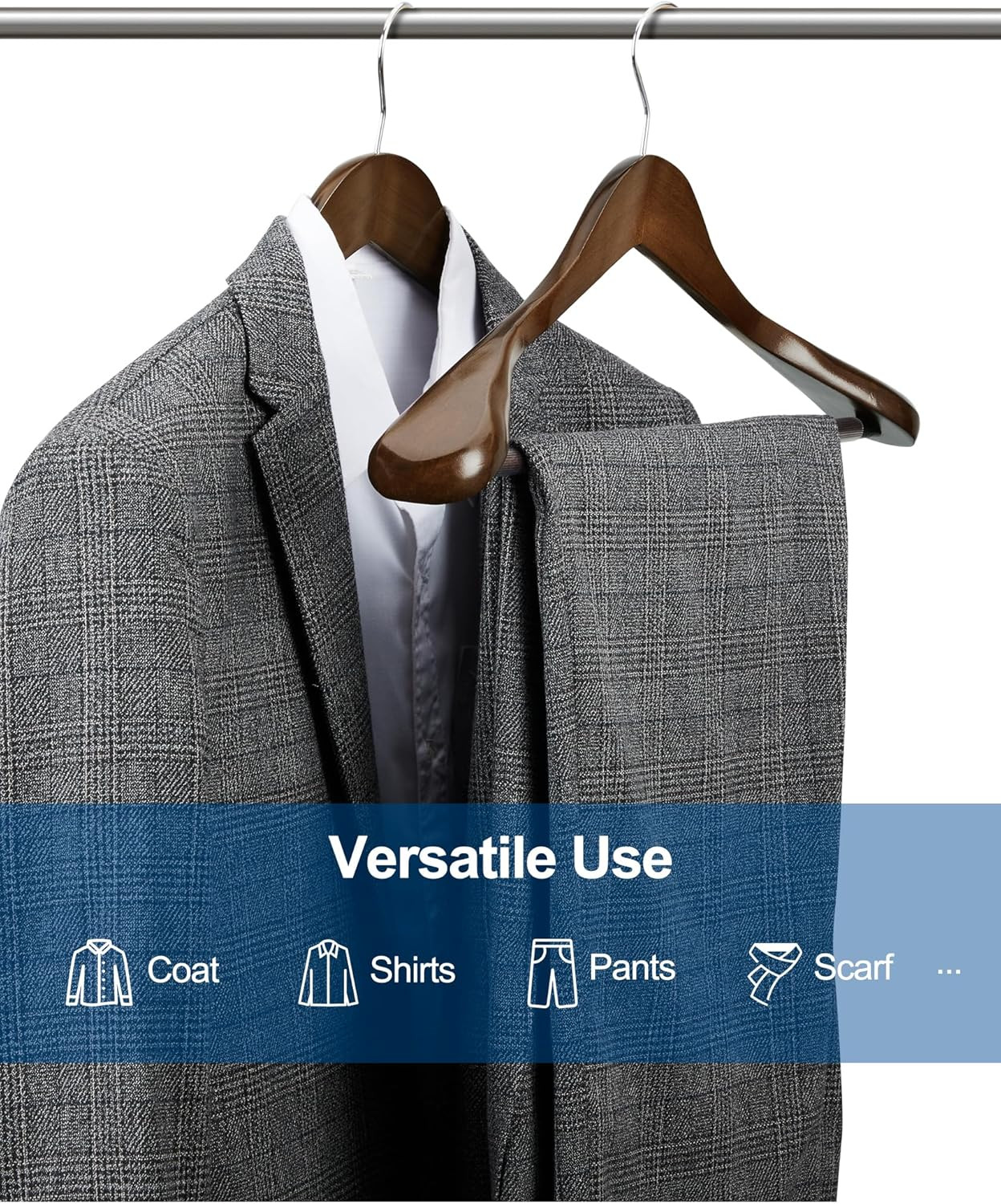 Wide Shoulder Wooden Hangers, Suit Hangers with Non Slip Pants Bar, Smooth Finis