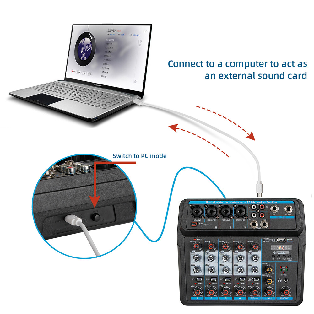 6Channel Live Audio Mixer Bluetooth USB DJ Sound Mixing Console Amplifier Studio
