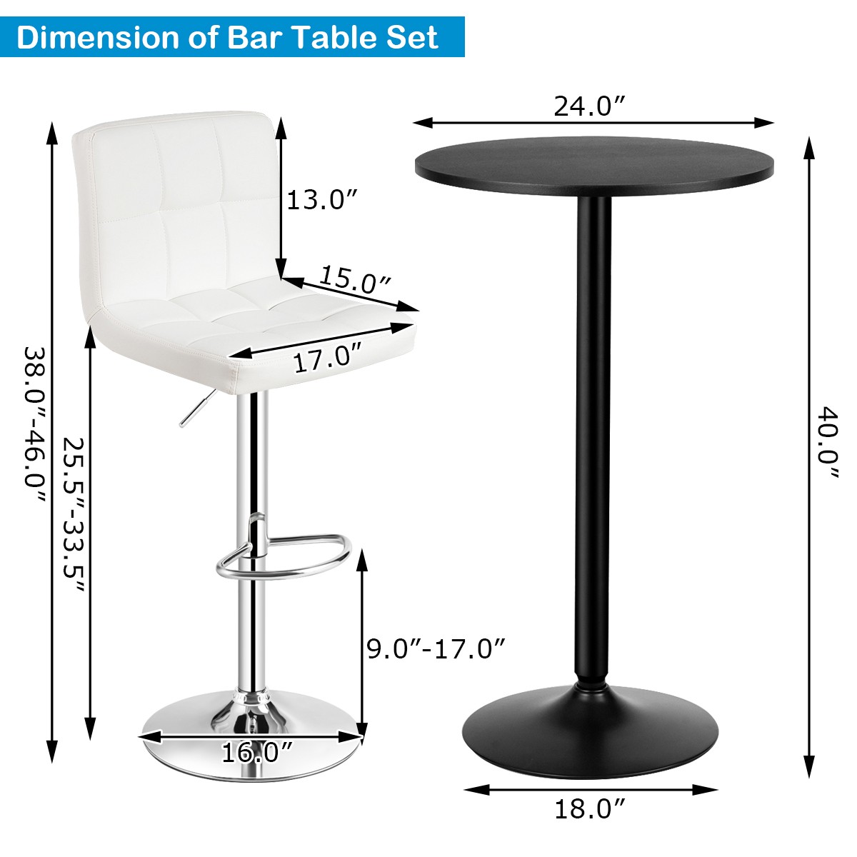 Costway 3PCS Pub Table Set 24" Round Bar Table & 2 Adjustable Bar Stools White
