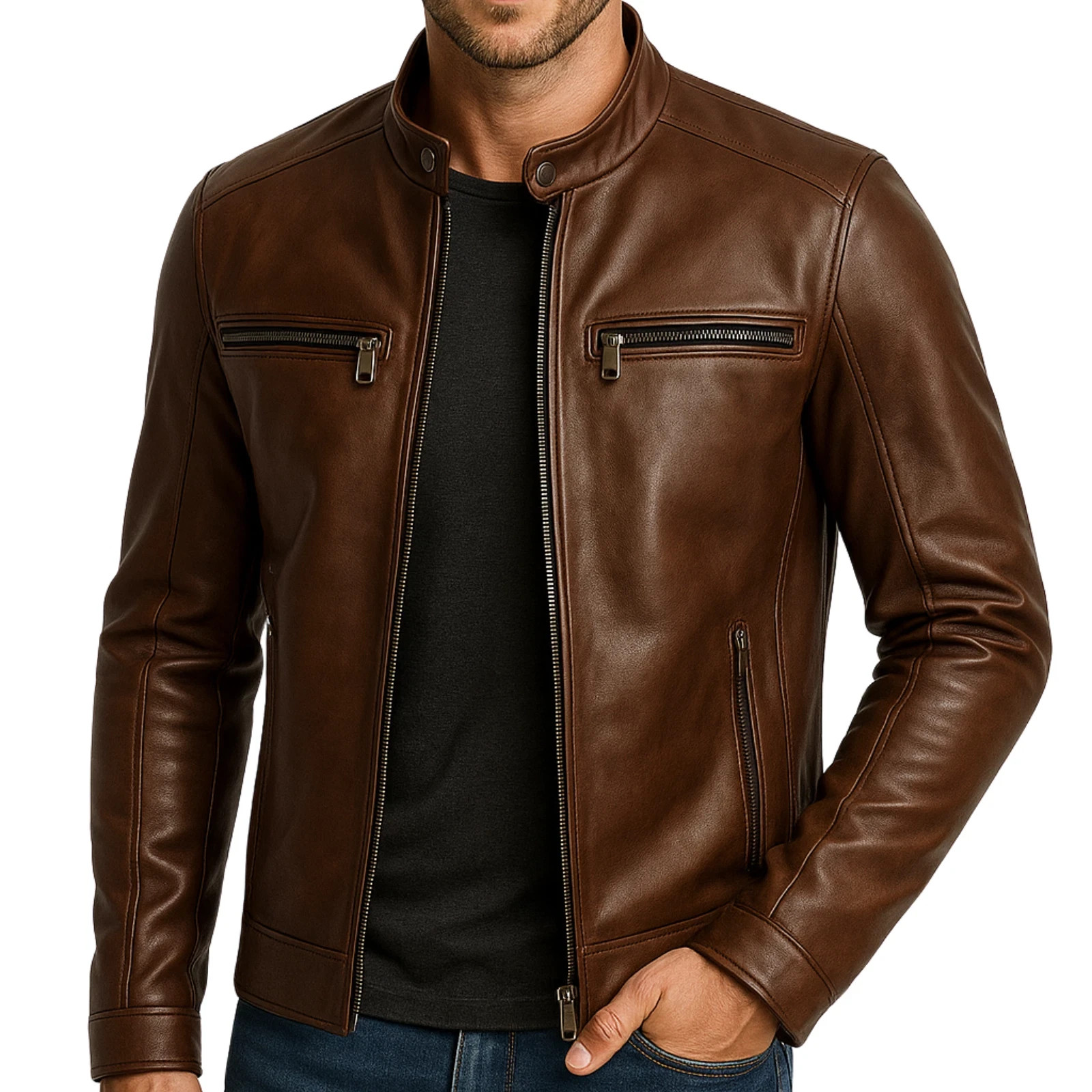 Mens Cafe Racer Biker Real Leather Jacket Casual Wear Sheepskin Vintage Style