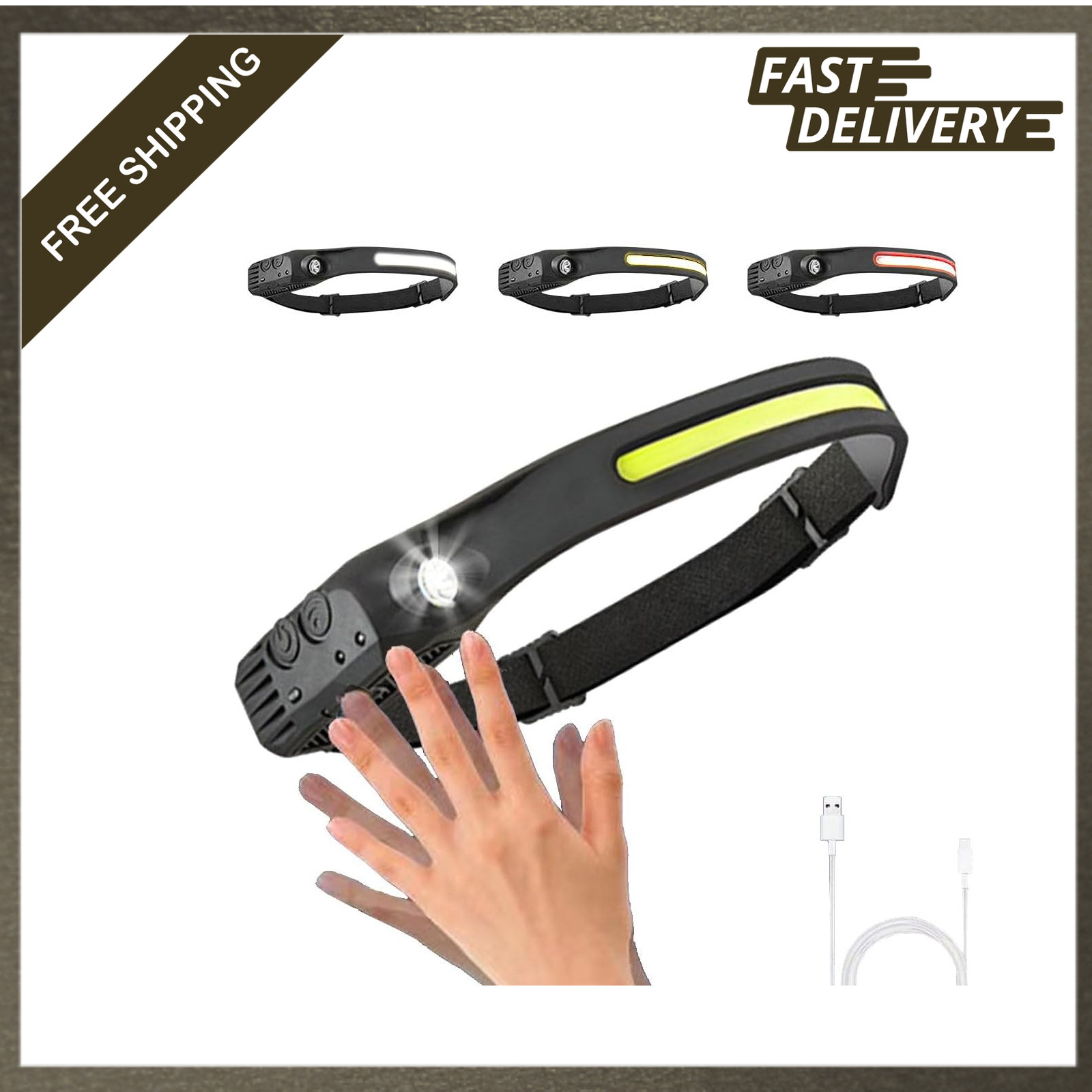 Rechargeable Headlamp LED with 230 Degree Wide Beam Motion Sensor Waterproof for