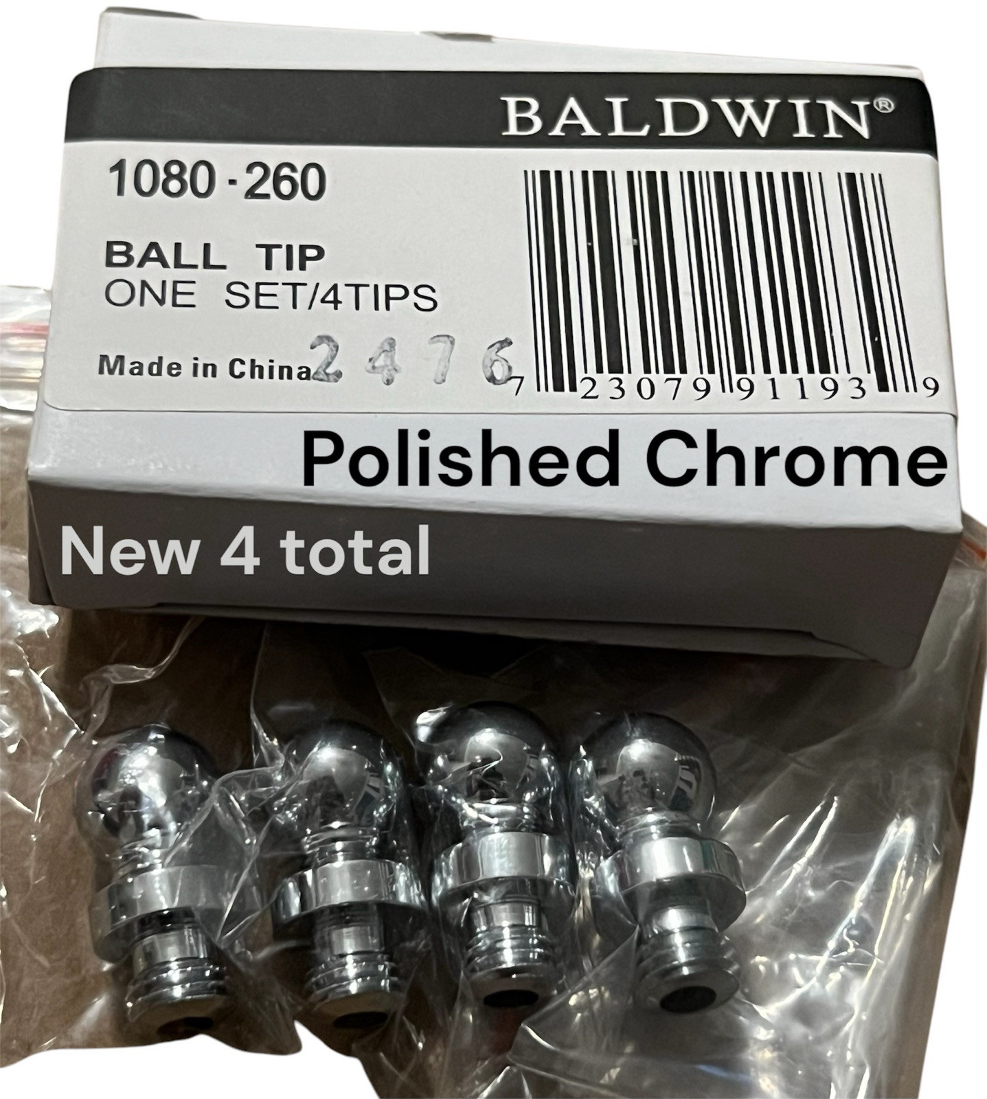 Baldwin 1080-260 Polished Chrome Finial Ball Hinge Tips Set (4) Total NOS