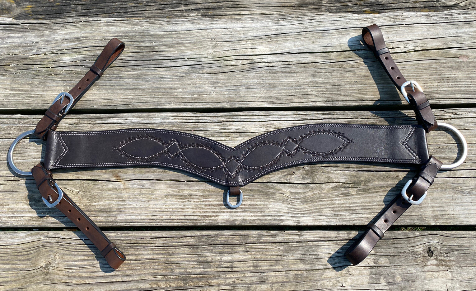 US made Western tripping breast collar dark oil leather w/barbed wire tooling