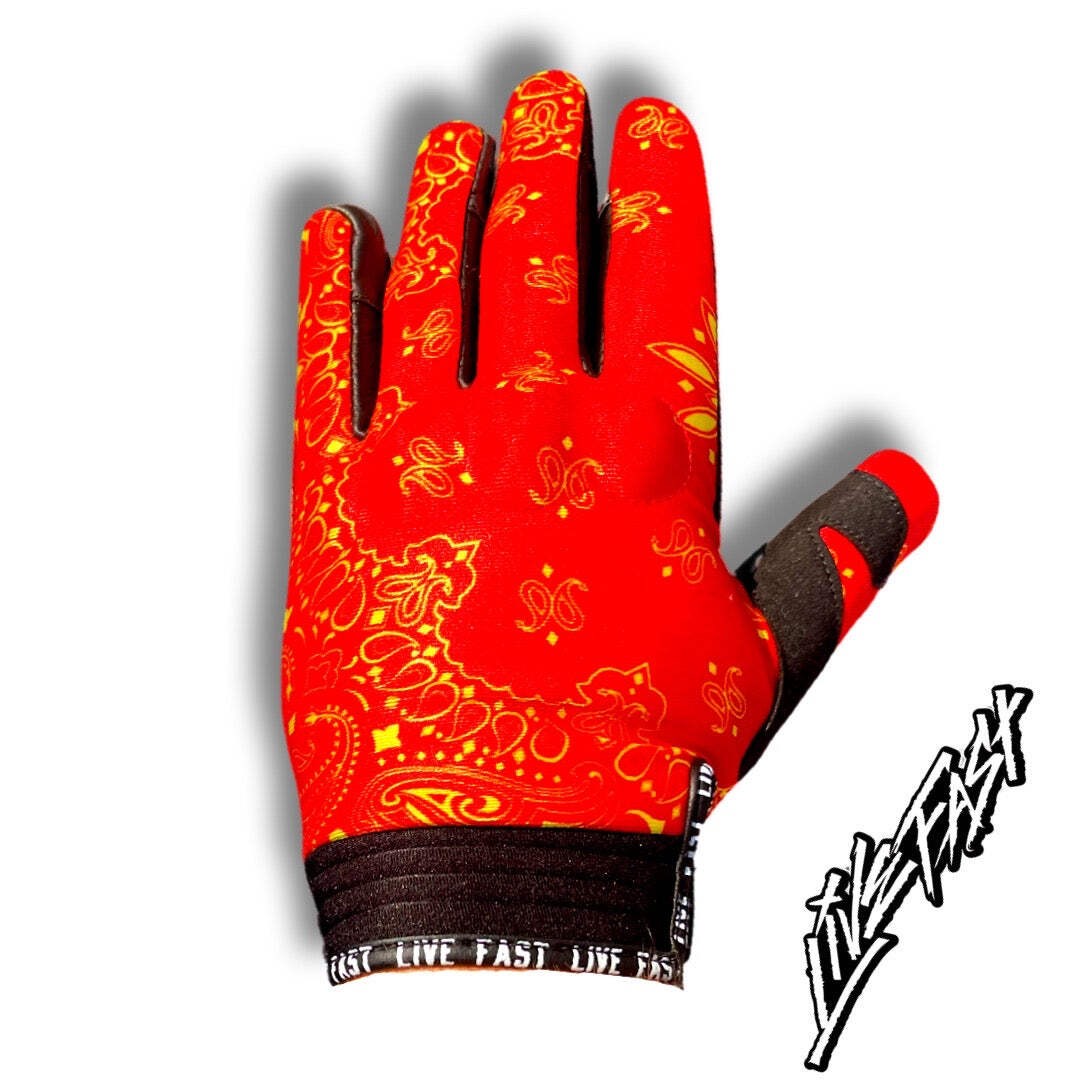 Red And Yellow Paisley Motorcycle Gloves