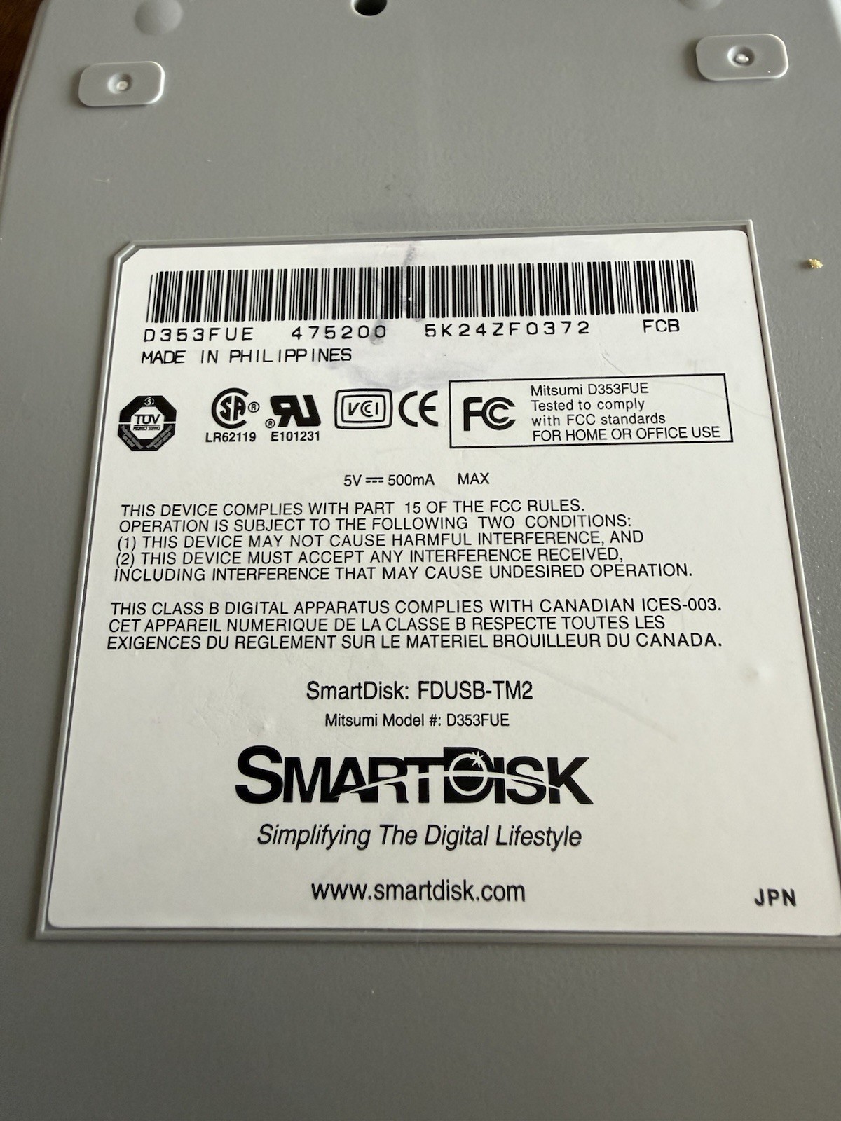 SmartDisk External USB Floppy 3.5” Disk Drive FDUSB-TM2 Mitsumi D353FUE Tested