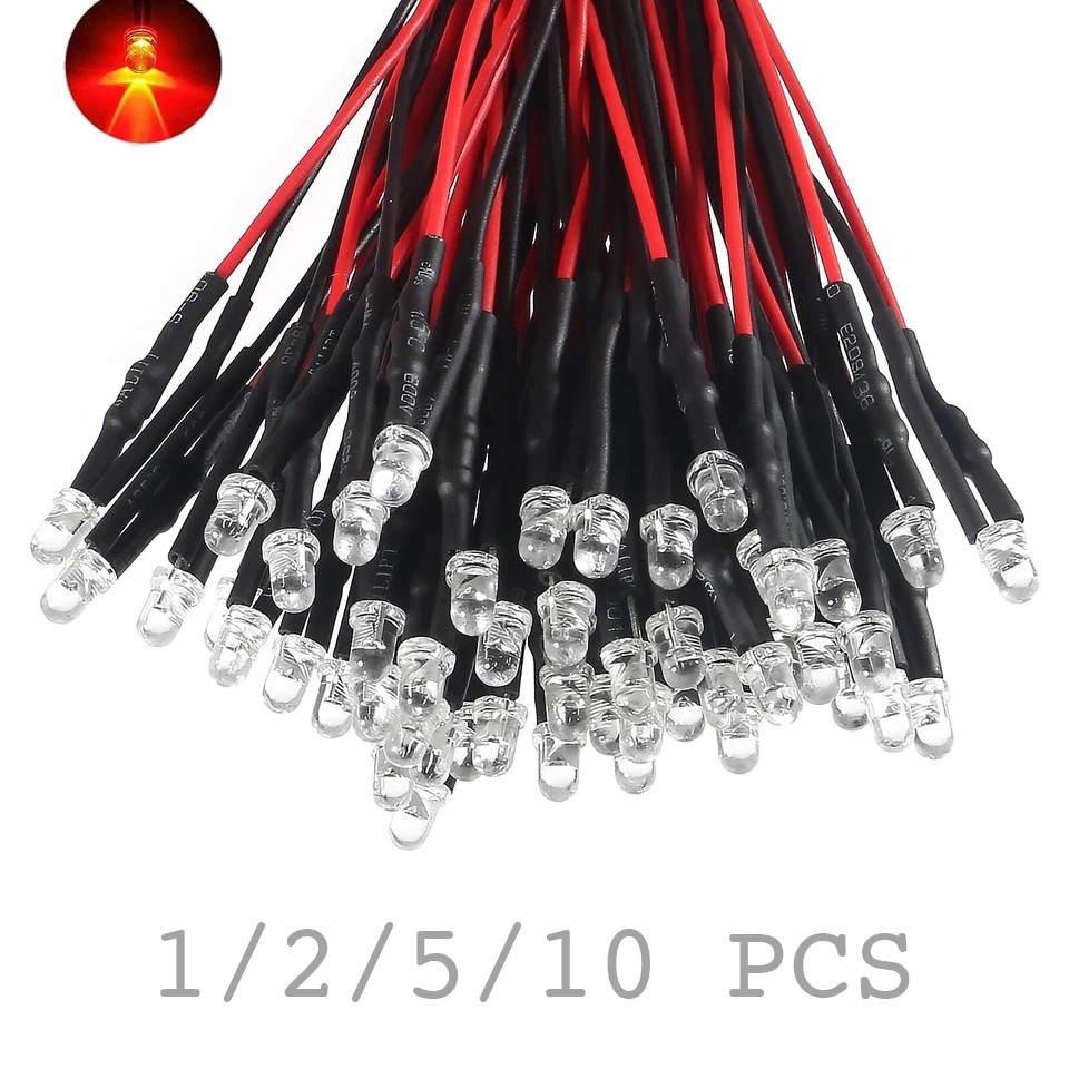 3mm Red LED Light Clear Bulb Round Top PCB Attached Pre-Wired 5V-12V DC