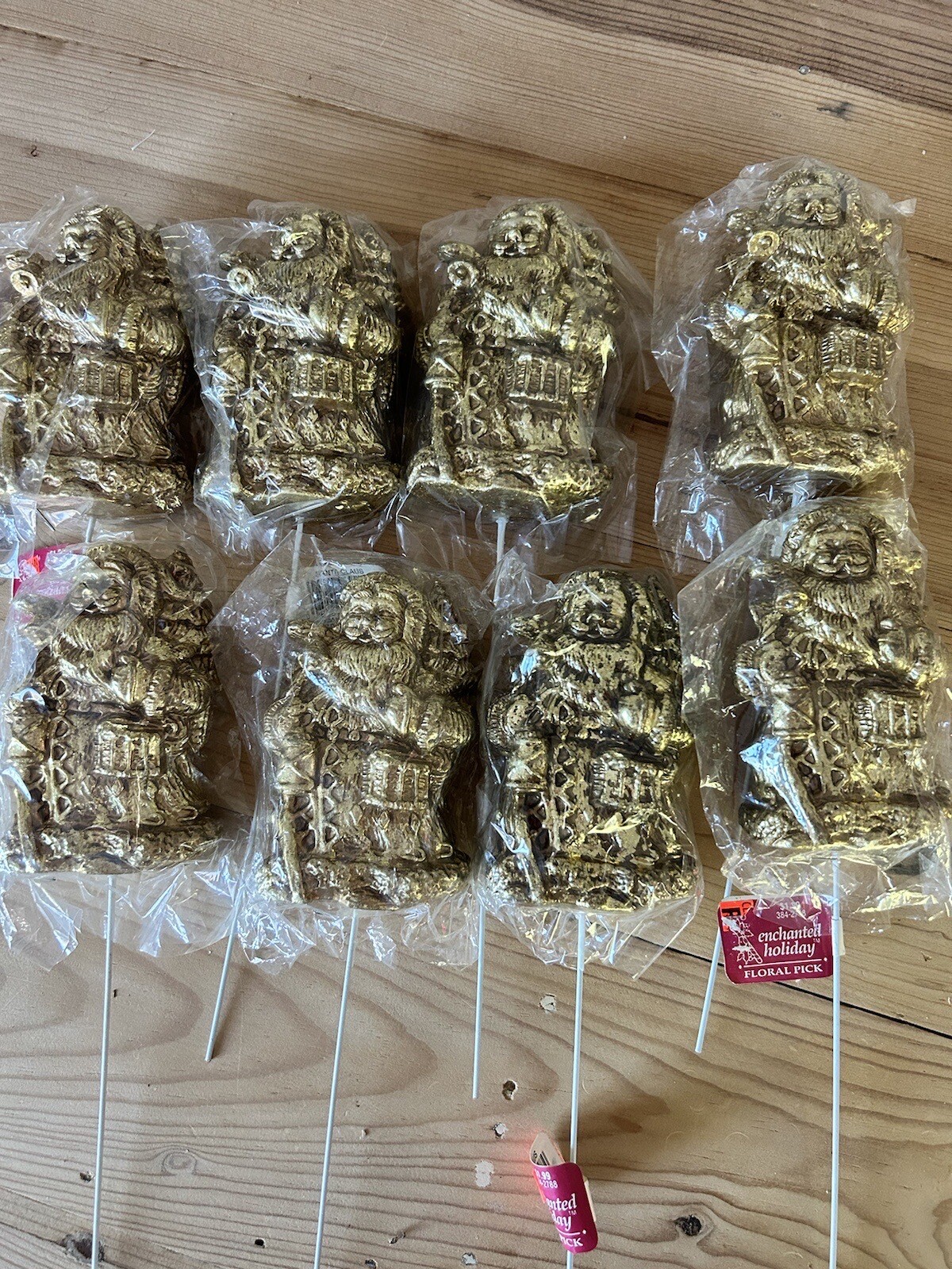 8 Vintage Gilded Gold Plastic Santa Floral Picks 4" NEW OLD STOCK CRAFTING