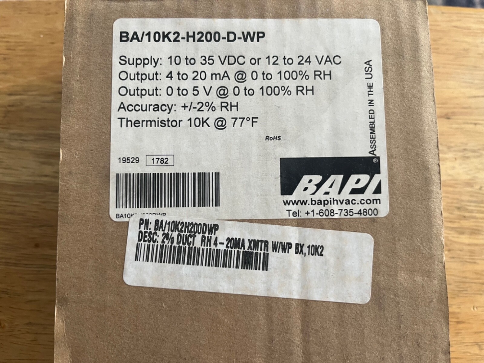 BAPI BA/10K2H200DWP 2% Duct Relative Humidity Sensor +/-2% RH Thermistor 10K 77F