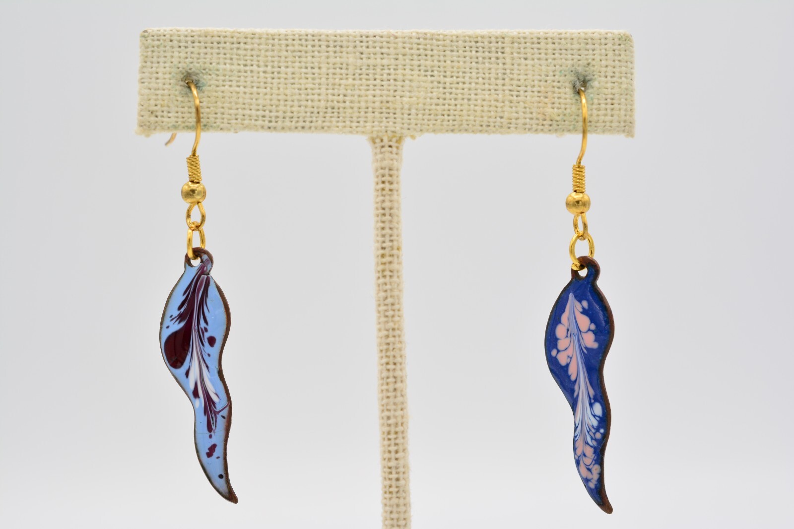 Vintage Enamel Earrings Metal Abstract Blue Painted Dangle  BinAB