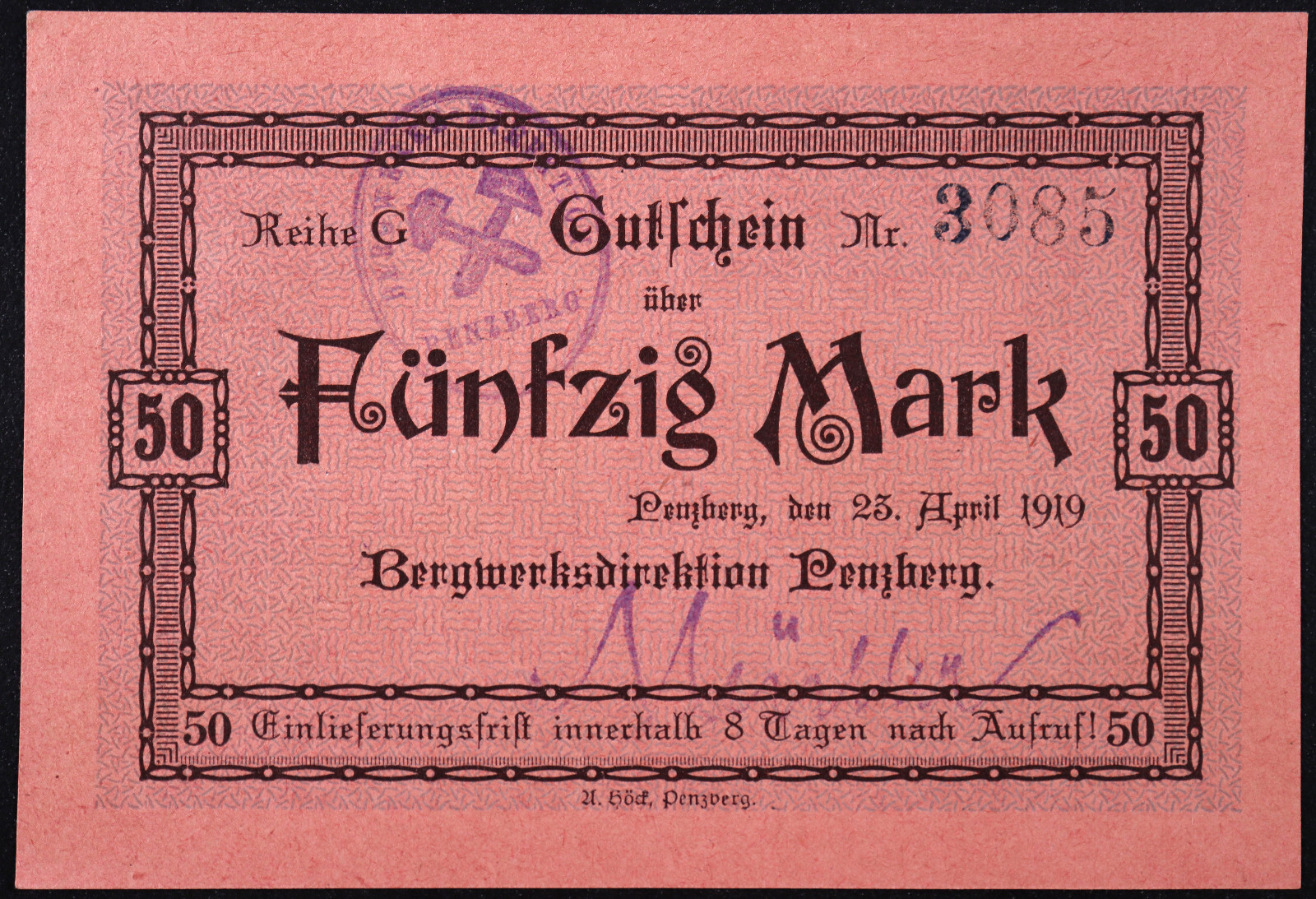PENZBERG 1919 "Bergwerksdirektion" Rare 50 Mark Reihe G w/sig Grossnotgeld