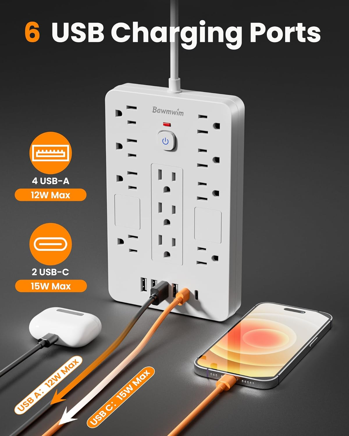Surge Protector Power Strip - 11 Outlets(1850W/15A) with 6 USB Ports(2 USB C), 1