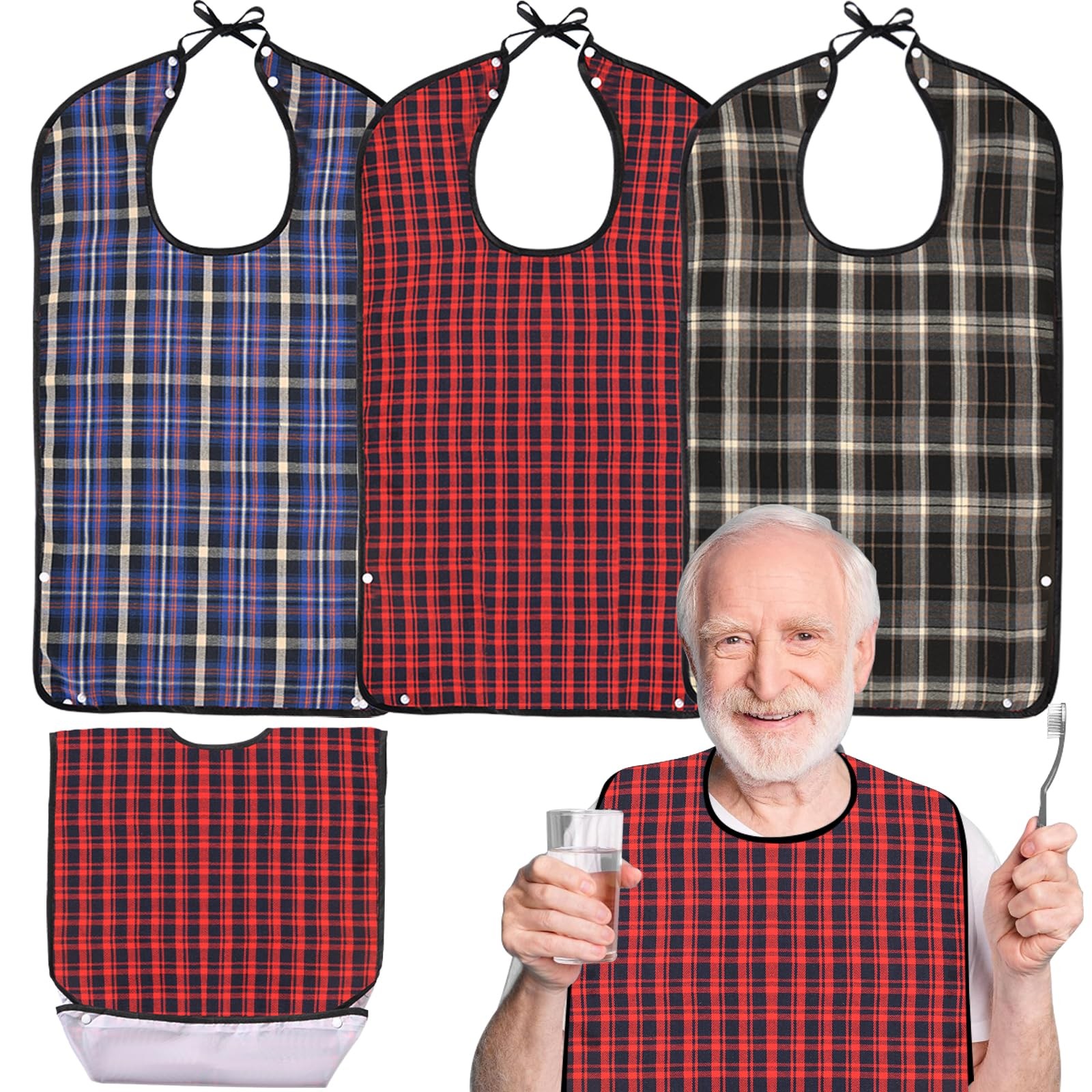 Oulisen 3 Pcs Adult Bibs For Men Washable, Reusable Adult, Black/Red/Blue