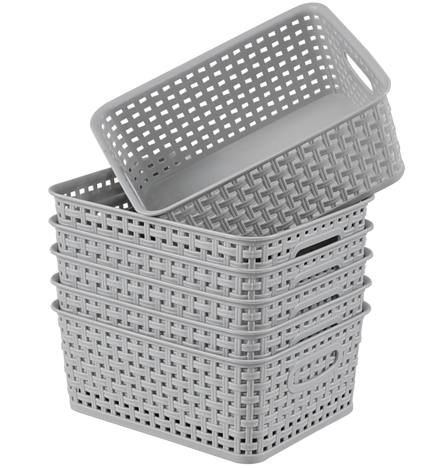 Plastic Weave Storage Baskets, Shelf Organizing Bins, Gray, 6-Pack