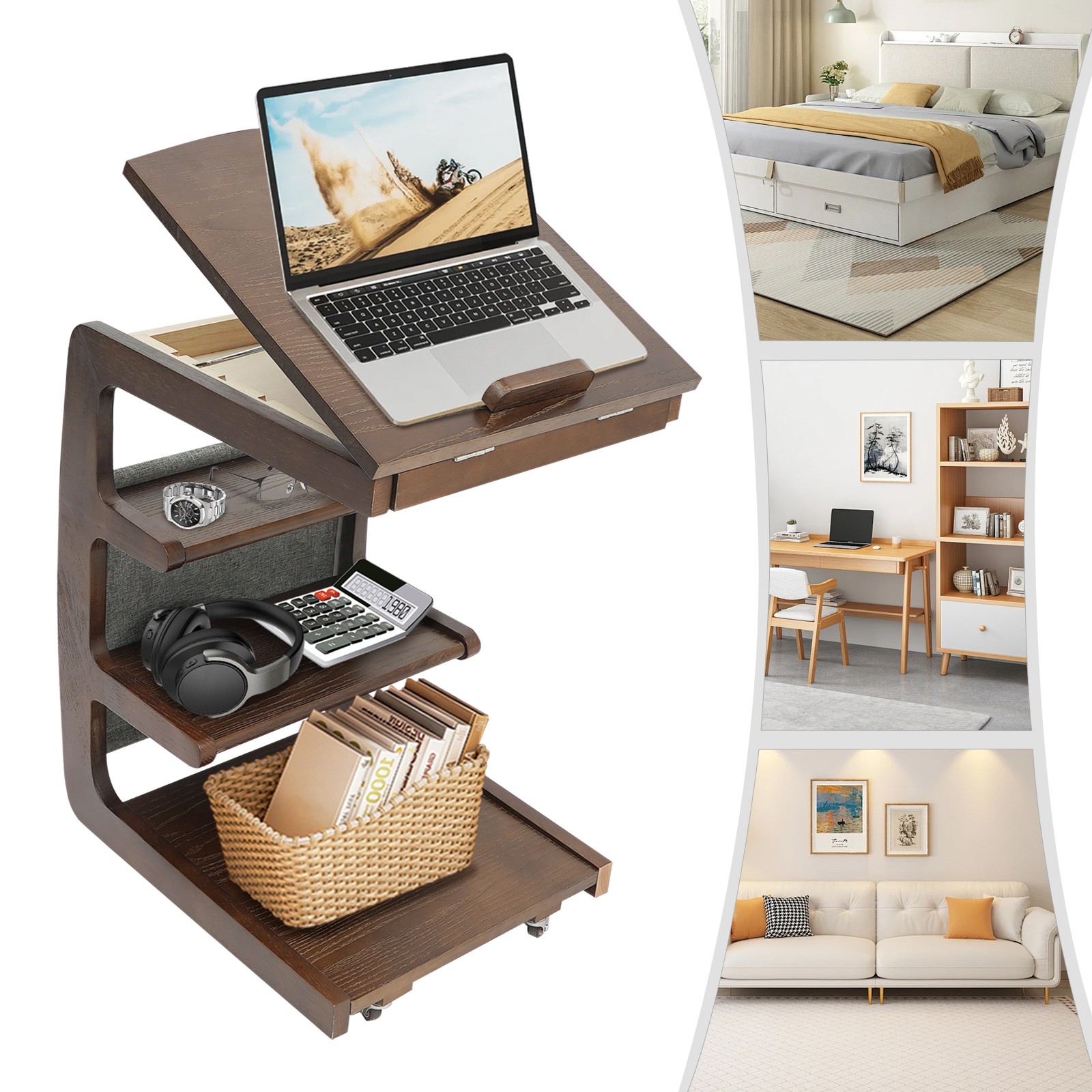 C-Shaped End Table 4-Tier Wooden Side Table Laptop Tray Coffee Table Couch Table