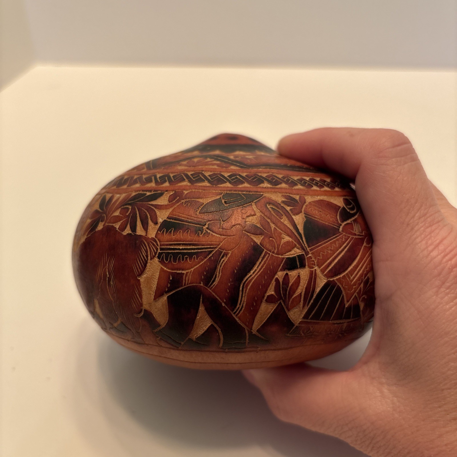 Vintage Peruvian Hand Carved Gourd Story Scene Peru Folk Art Village Life Lama