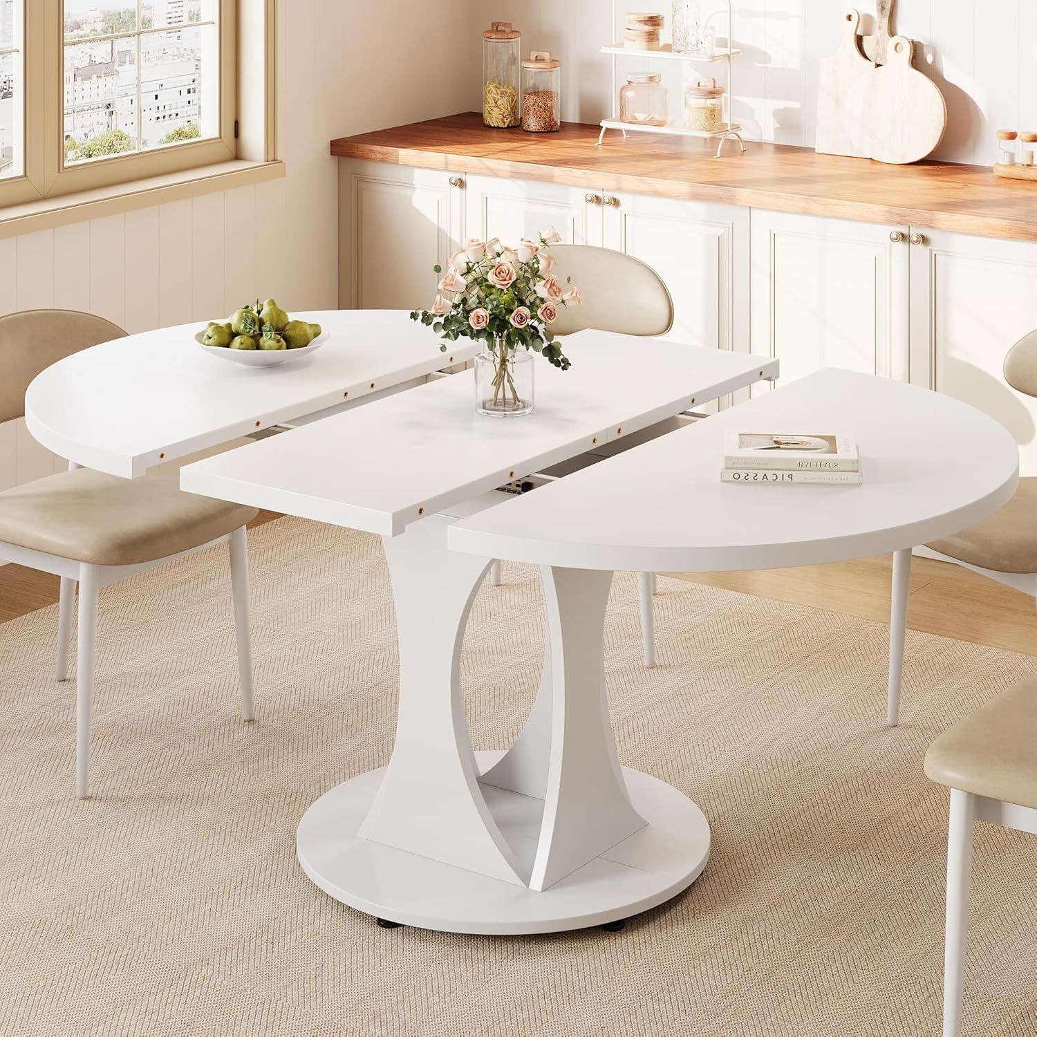 59" Extendable Round Dining Table 6-8 Kitchen Table W/ Sturdy Double Arc Base