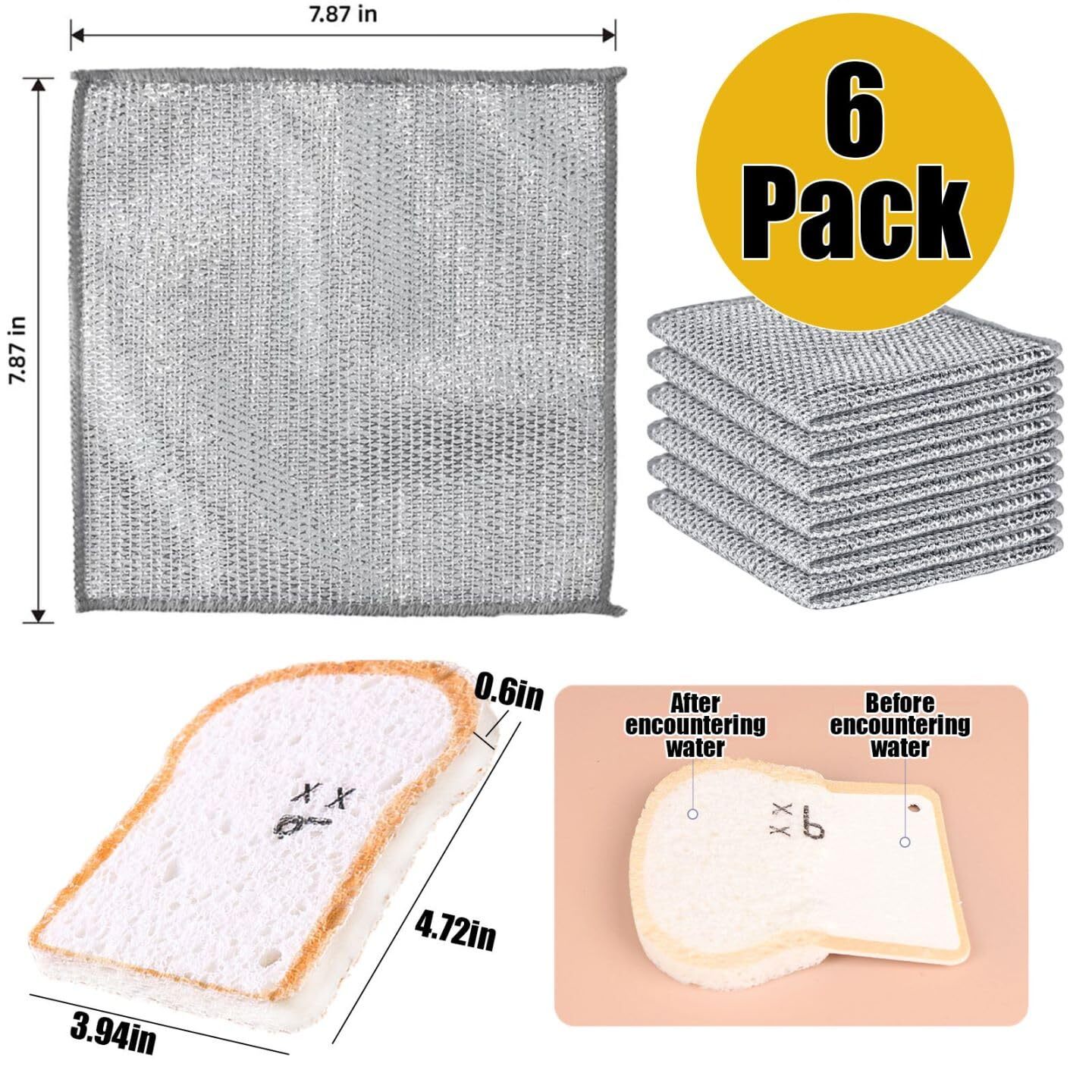 Non Scratch Wire Dishcloth 6 Pack With 1pcs Kitchen Sponges For Dishes Double La