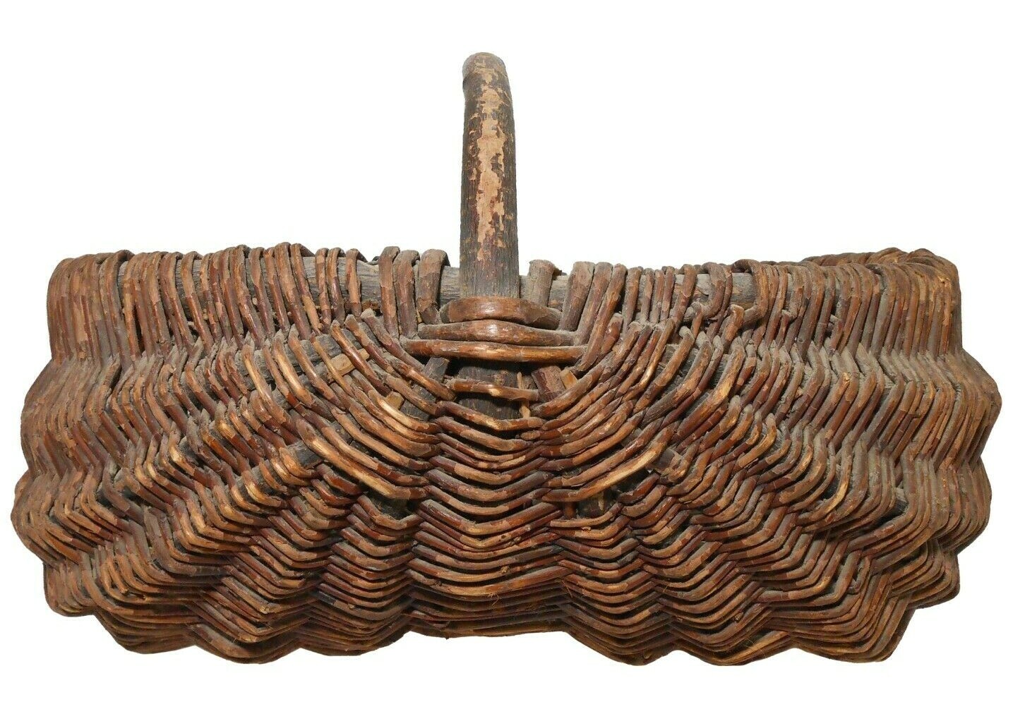SCARCE LATE 19TH C AMERICAN ANTIQUE PRIM HND WVN HANDLD WILLOW BUTTOCKS BASKET