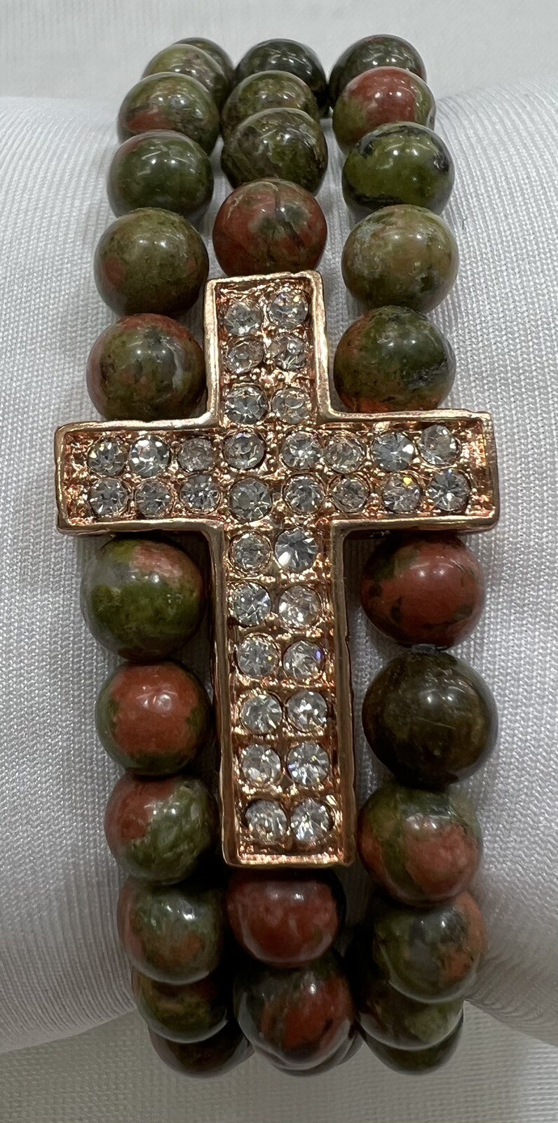 Handmade Unique 7” Bracelet with 6mm Unakite and Cross filled by Crystals