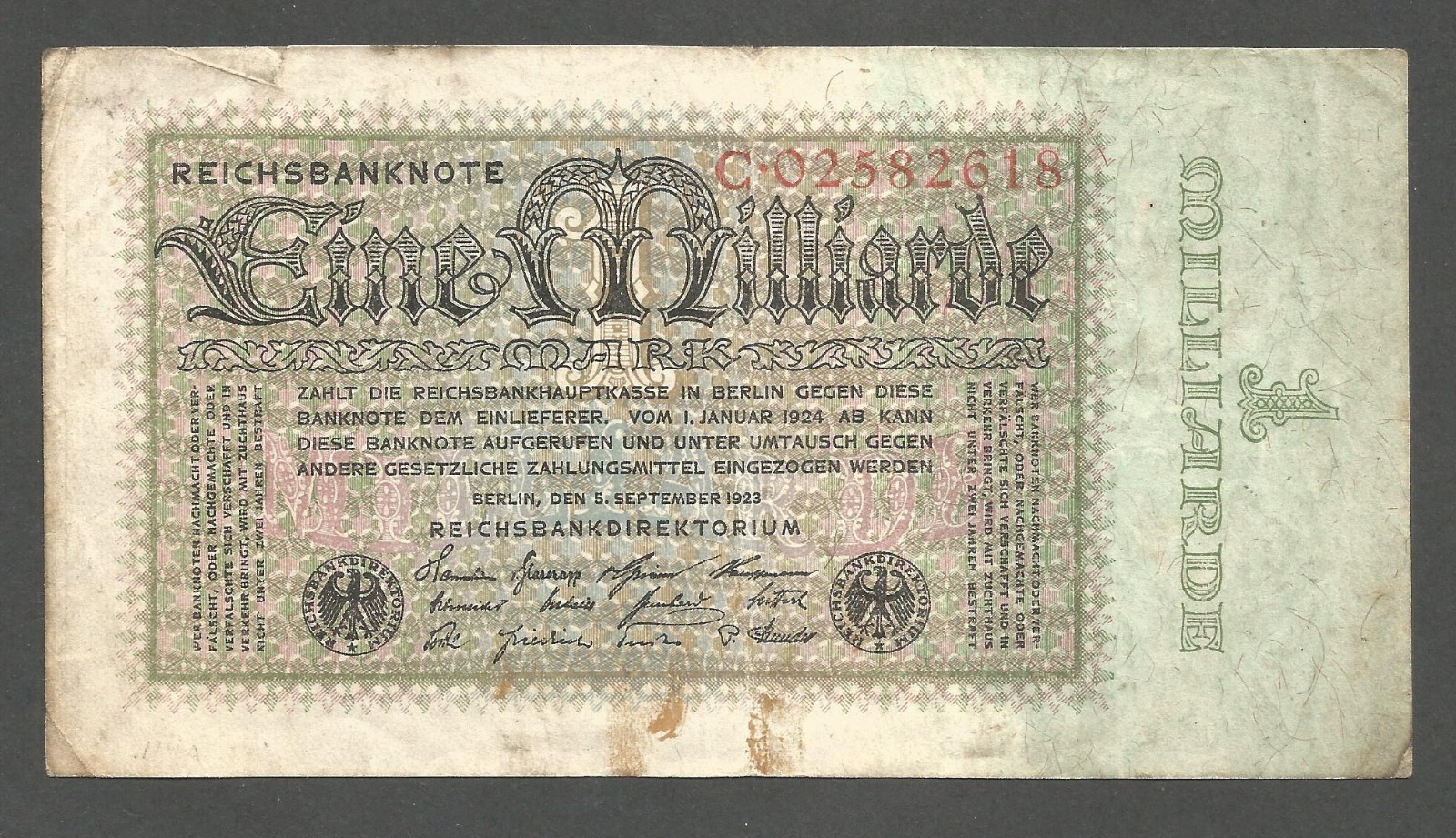 Germany 1 Milliarde Mark 5.9.1923; VG+; P-114; BNB-B273a; Reichsdruckerei