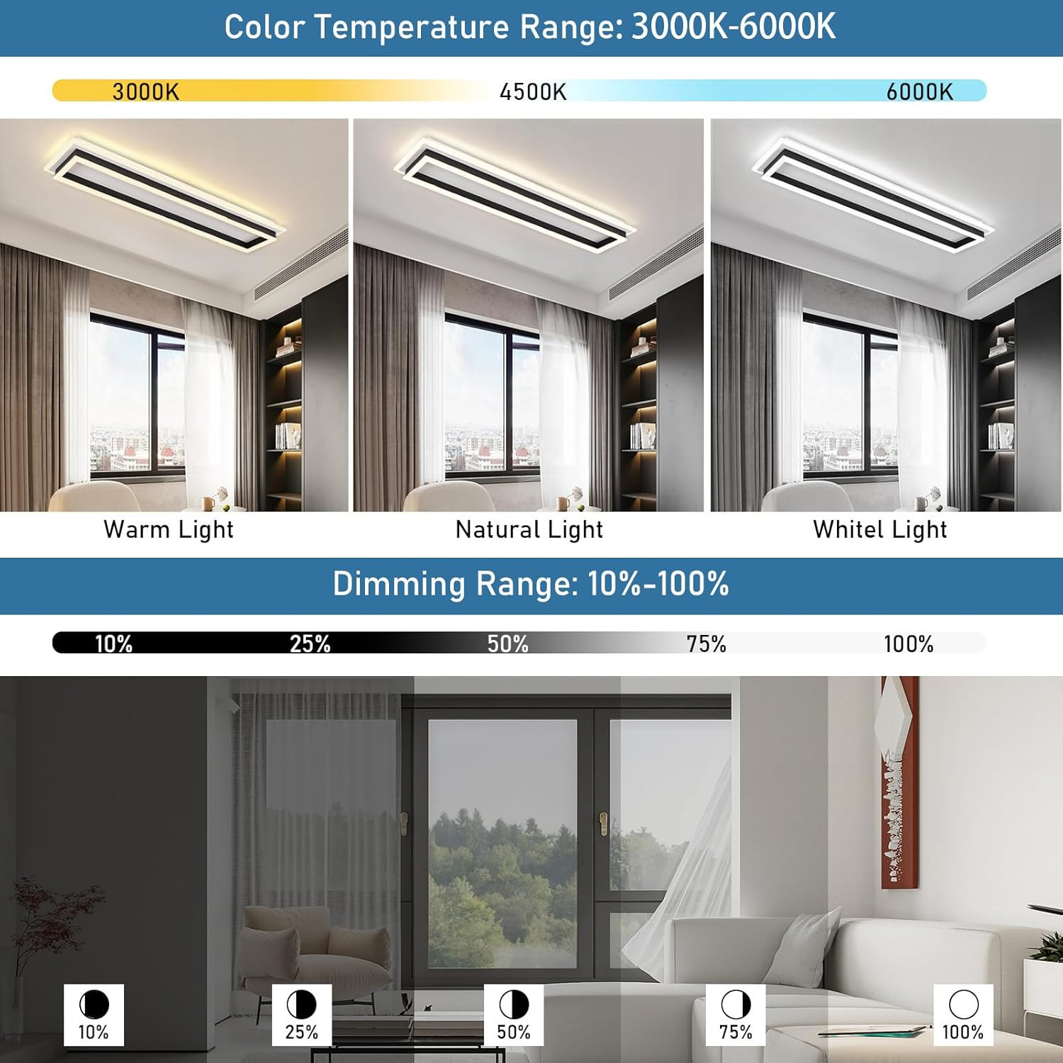 Dimmable LED Ceiling Light with Remote - Modern 31.5" Linear Flush Mount