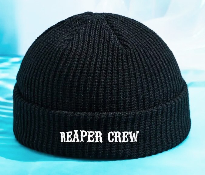SOA - REAPER CREW  White Embroidered Logo - BLACK  Soft Knit **Skull Cap**