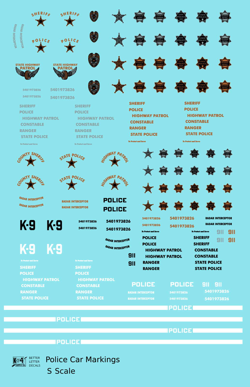 K4 S 1:64 Scale Decals Police Car Markings Gold, Silver Black and White