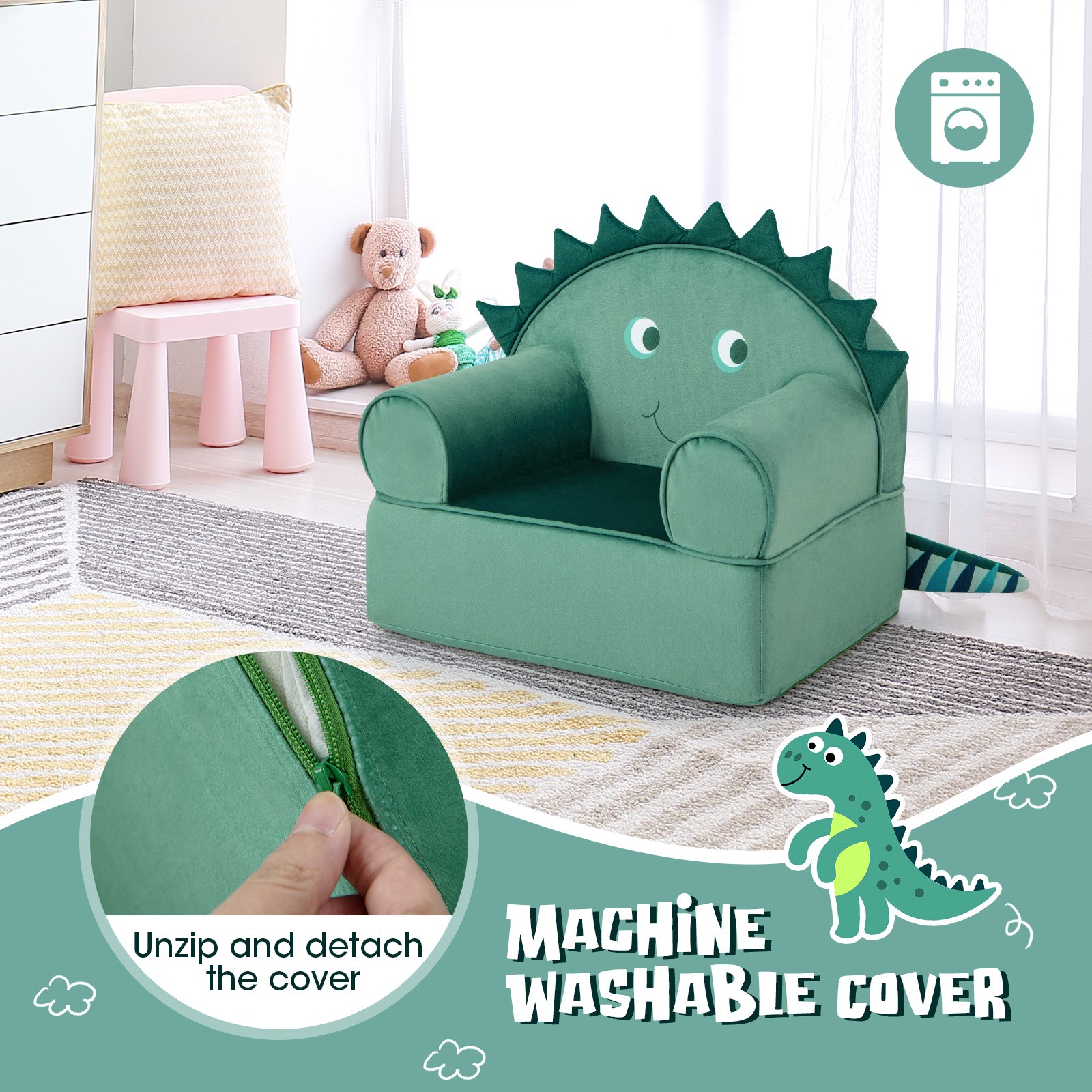 Kids Sofa Foam Filled Washable Cover Armchair Dinosaur Toddler Furniture Couch